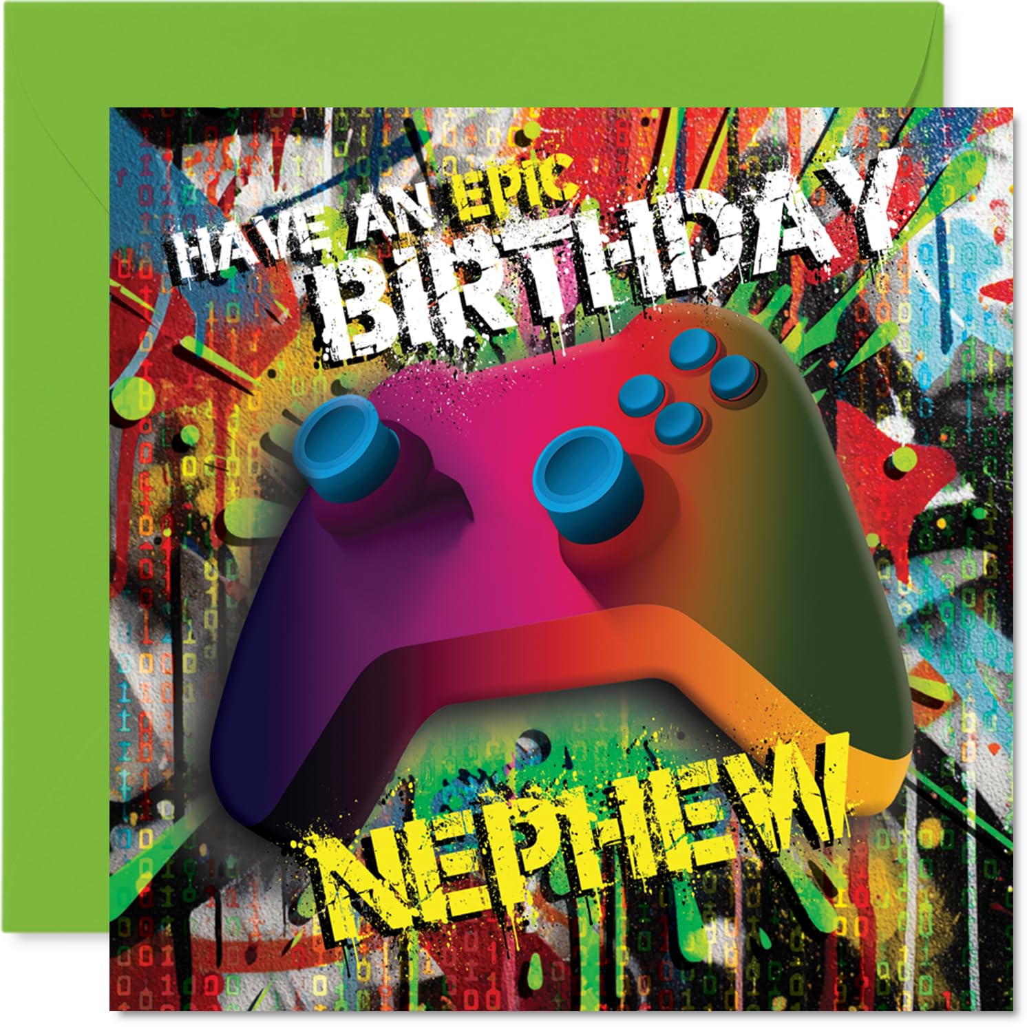 Playful Birthday Card for Nephew - Level Up the Celebrations - Vibrant Gaming Controller on a Multicolour Burst - Perfect for Fun-loving Nephews - 145mm Square, Envelope Included