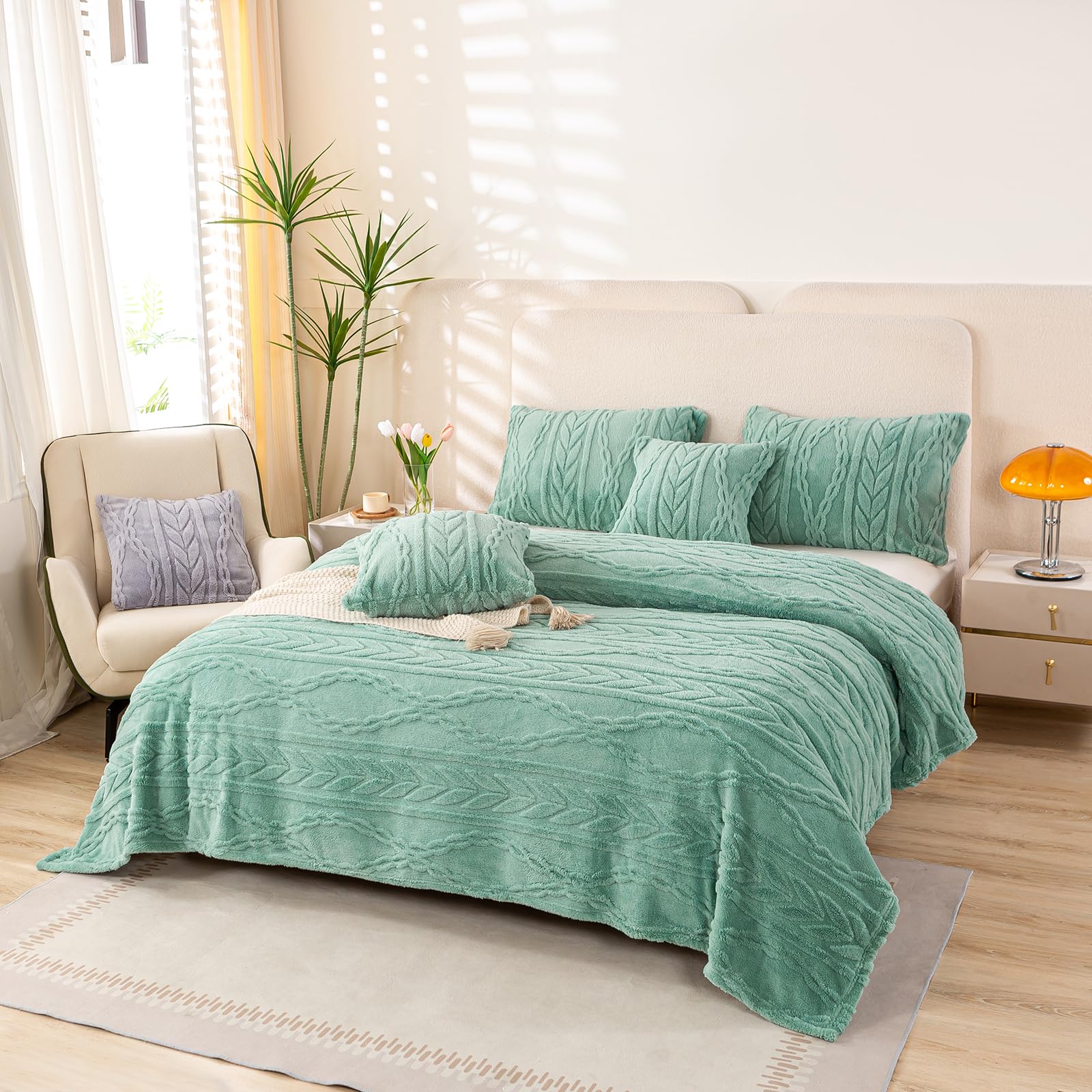Couverture sherpa lit simple XL YUSOKI vert clair plaid 165cm