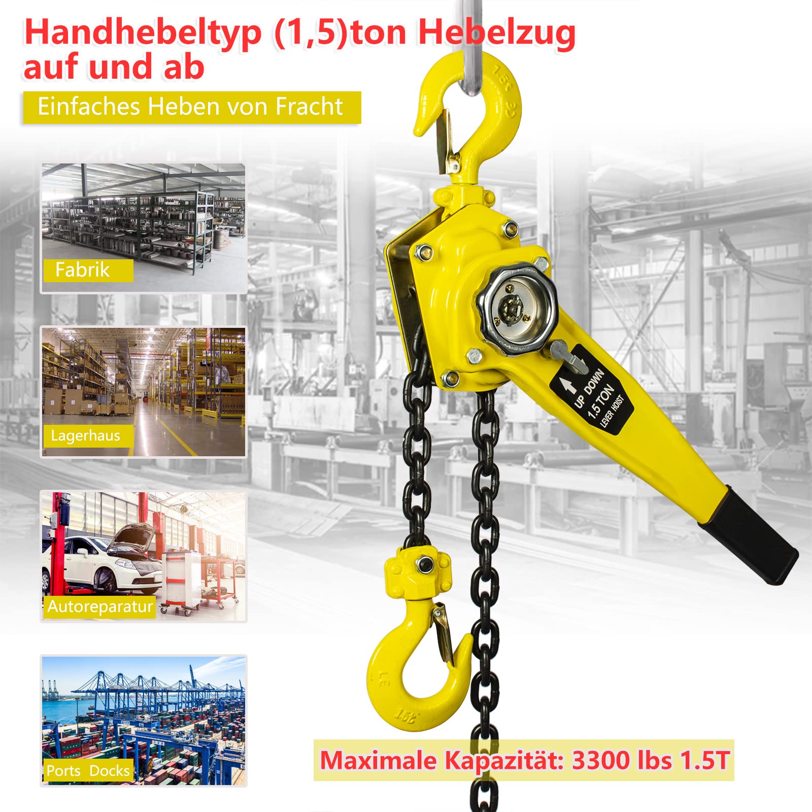 OUUTMEE Polipasto de Cadena de 1,5 T con Brazo Manual y Bloque de Brazo de Bloqueo de 3 m, 1500 kg, Con Rodillo Extractor Para Garajes de Almacenamiento