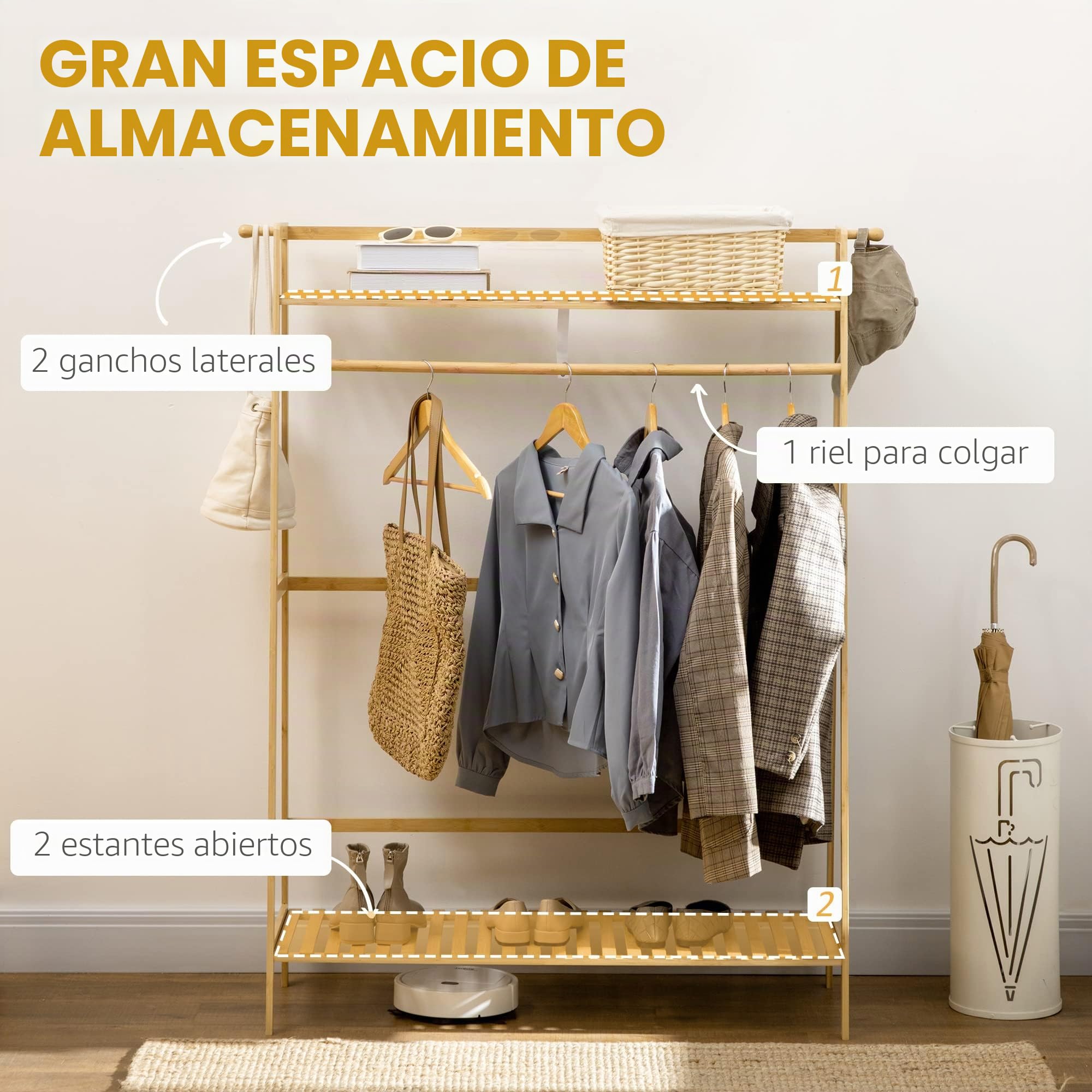 HOMCOM Perchero de Pie de Bambú Perchero para Ropa con 2 Estantes de Almacenaje 2 Ganchos Laterales y Barra Colgante para Entrada Dormitorio Oficina 114x40x139 cm Natural