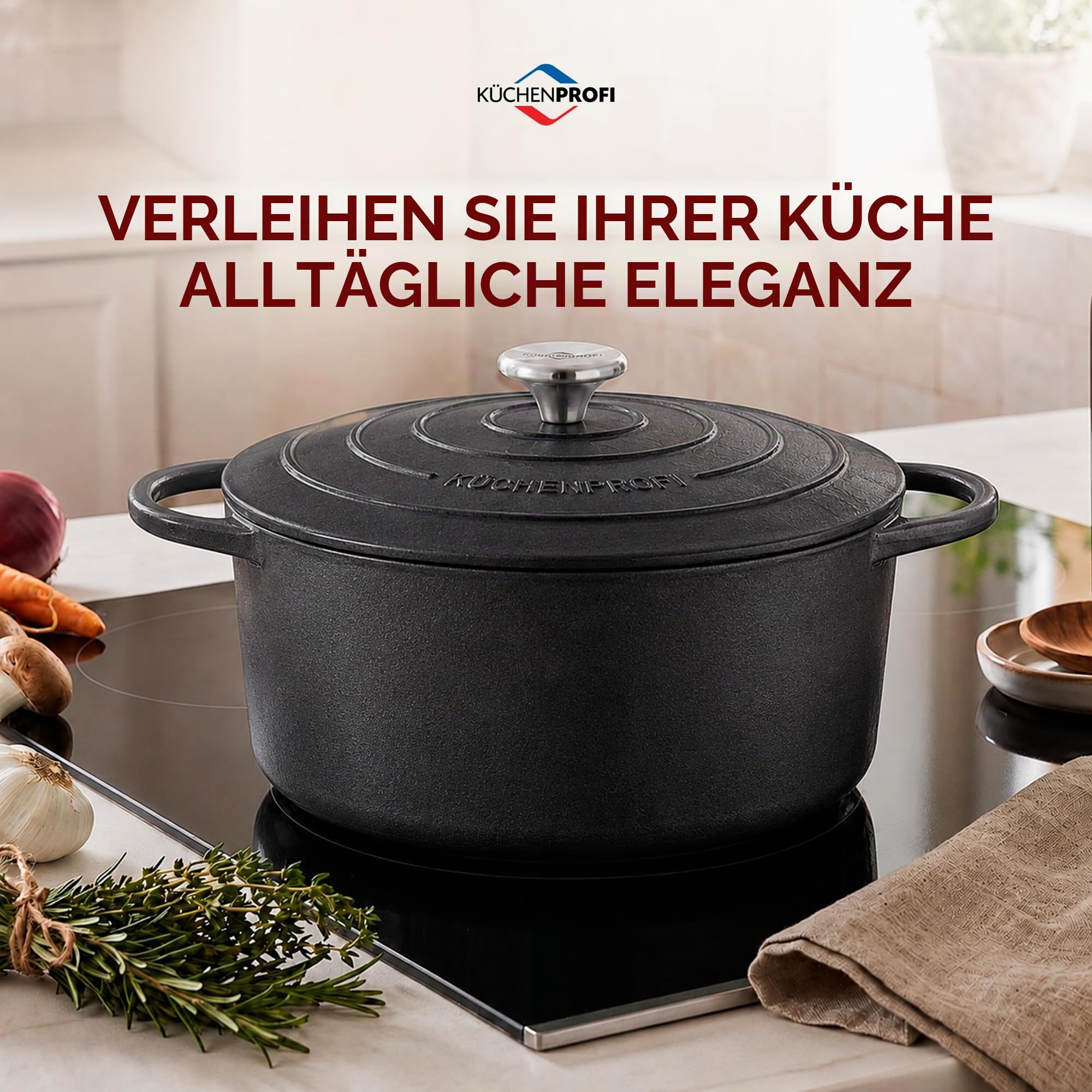 Küchenprofi Bratentopf PROVENCE rund emailliertes Gusseisen mit Deckel schwarz, für alle Herdarten und Induktion, energiesparend, aromaschonend - Fassungsvermögen: 5,3l, Durchmesser: 26 cm, 401001026