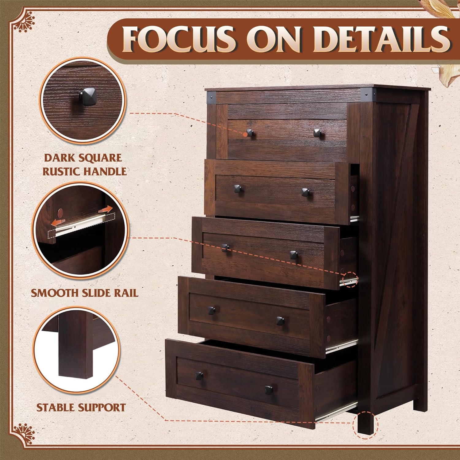 WLIVE Farmhouse Brown Dresser for Bedroom, 5 Drawer Dresser Storage Organizer, Tall Wood Dressers with Double Rustic Handle, Chest of Drawers for Living Room, Hallway, Closet