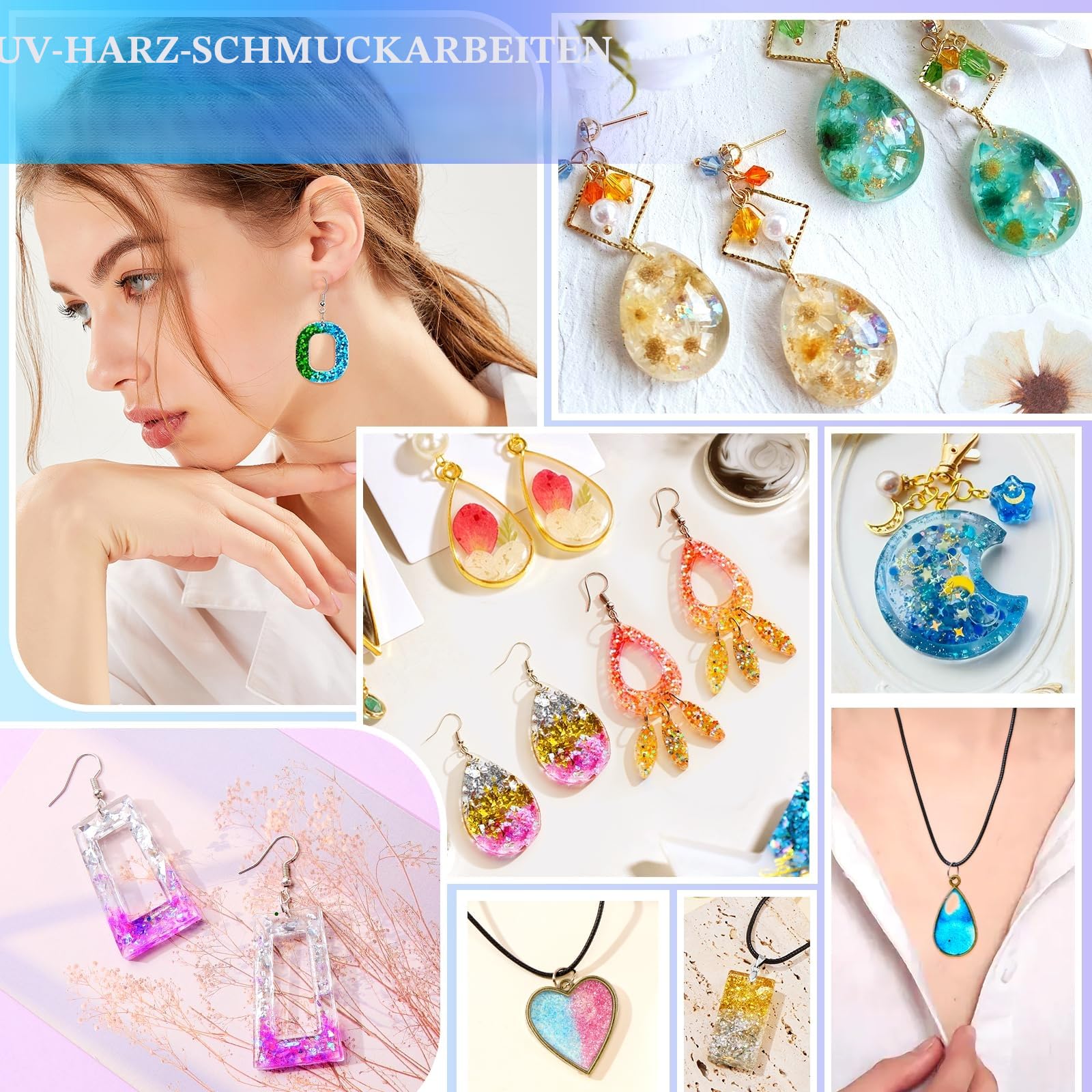 UPDOKIT UV Harz Set mit UV Lampe und Formen, Schmuckherstellungsset mit 250 g kristallklarem UV-Harz, Komplettset für Anfänger & Profis,Ideal für DIY Schmuck und Schlüsselanhänger