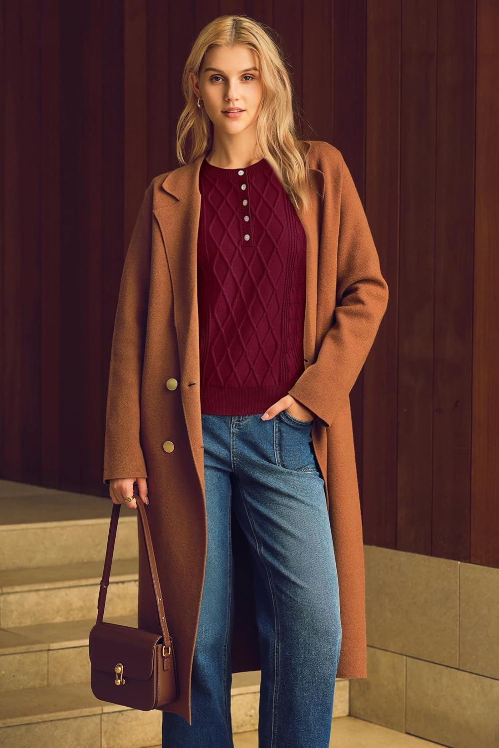 Arach&Cloz Sweaters for Women Button Cable Knit Pullover Sweater Crew Neck Long Sleeve Casual Outfits Dark Red 2025 S - Image 6