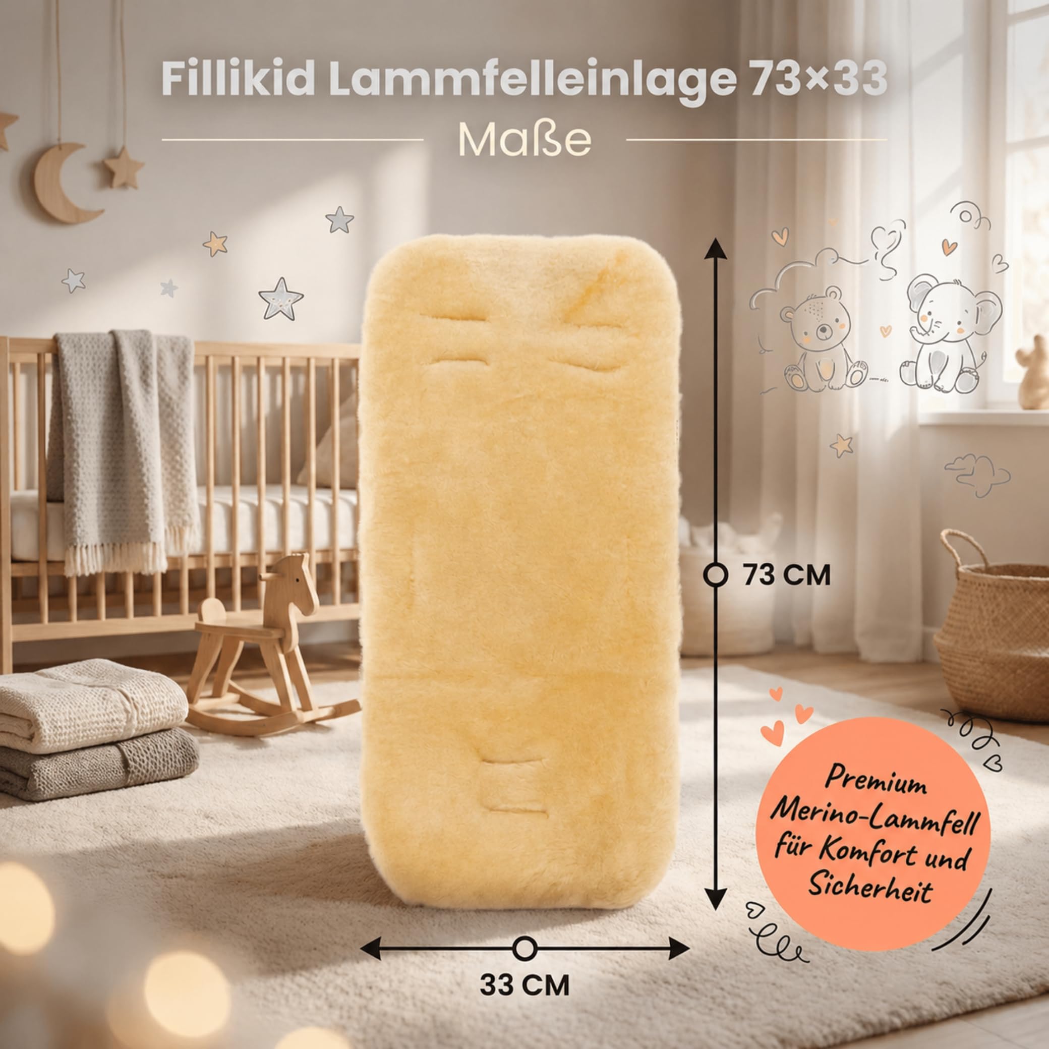 Fillikid Lammfelleinlage 73×33 Premium Merino-Lammfell für Kinderwagen Buggy Autositz mit Gurtschlitzen universal