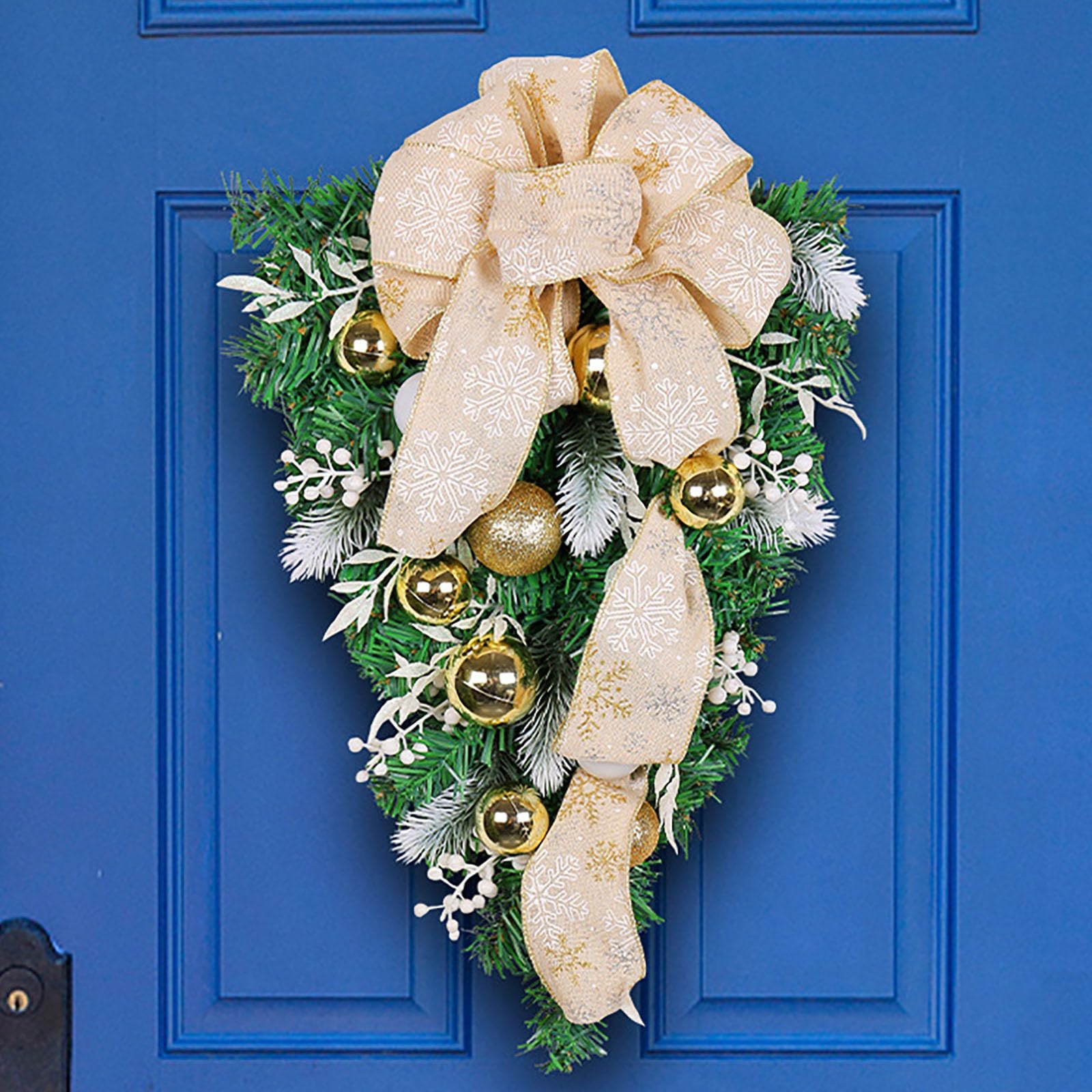 Couronne De Noël Pré-éclairée En Forme De Goutte - Baies Blanches Et Nœud - Décoration Pour Porte, Escalier, Mur - 30x50 Cm