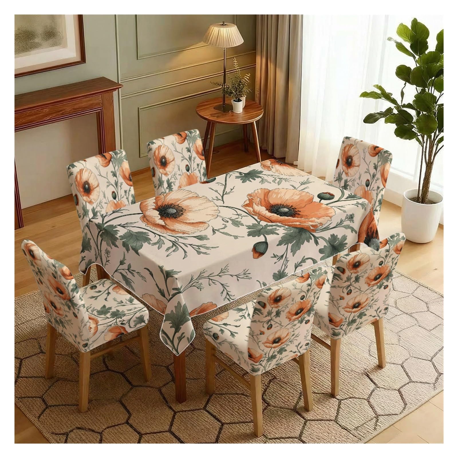 KXUAUV Vintage Orange Poppy Floral Dining Tablecloth & Chair Covers Set, 5/7 Piece Retro Botanical Cottage Farmhouse Dining Decor Party Decor(7pcs Set: Tablecloth+Chair Covers)