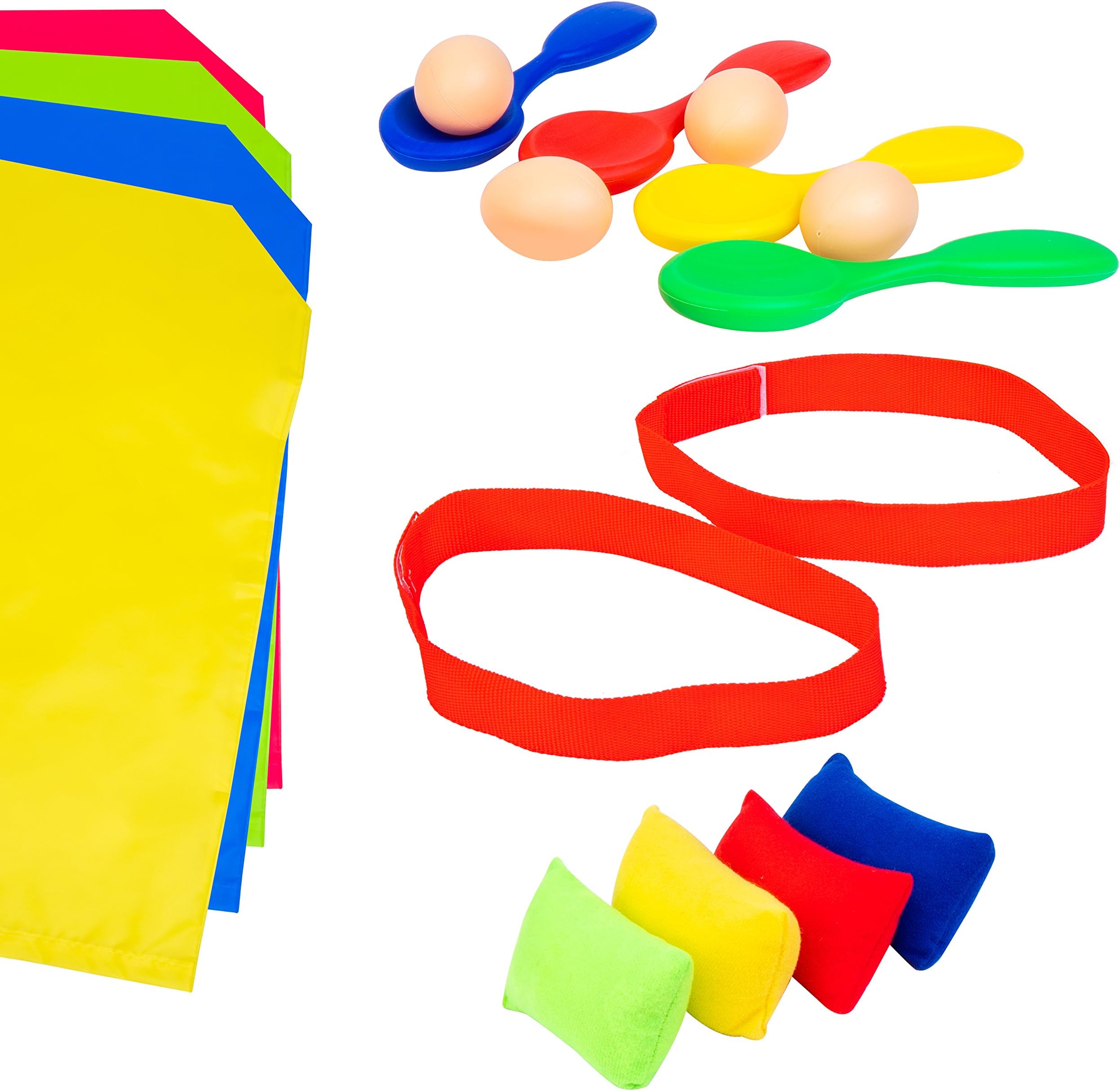 Voucchi 4 in 1 Outdoor Games for Kids, Potato Sack Race, Egg & Spoon Race, 3 Legged Race & Bean Bag Toss, Backyard Party & Picnic Fun for All