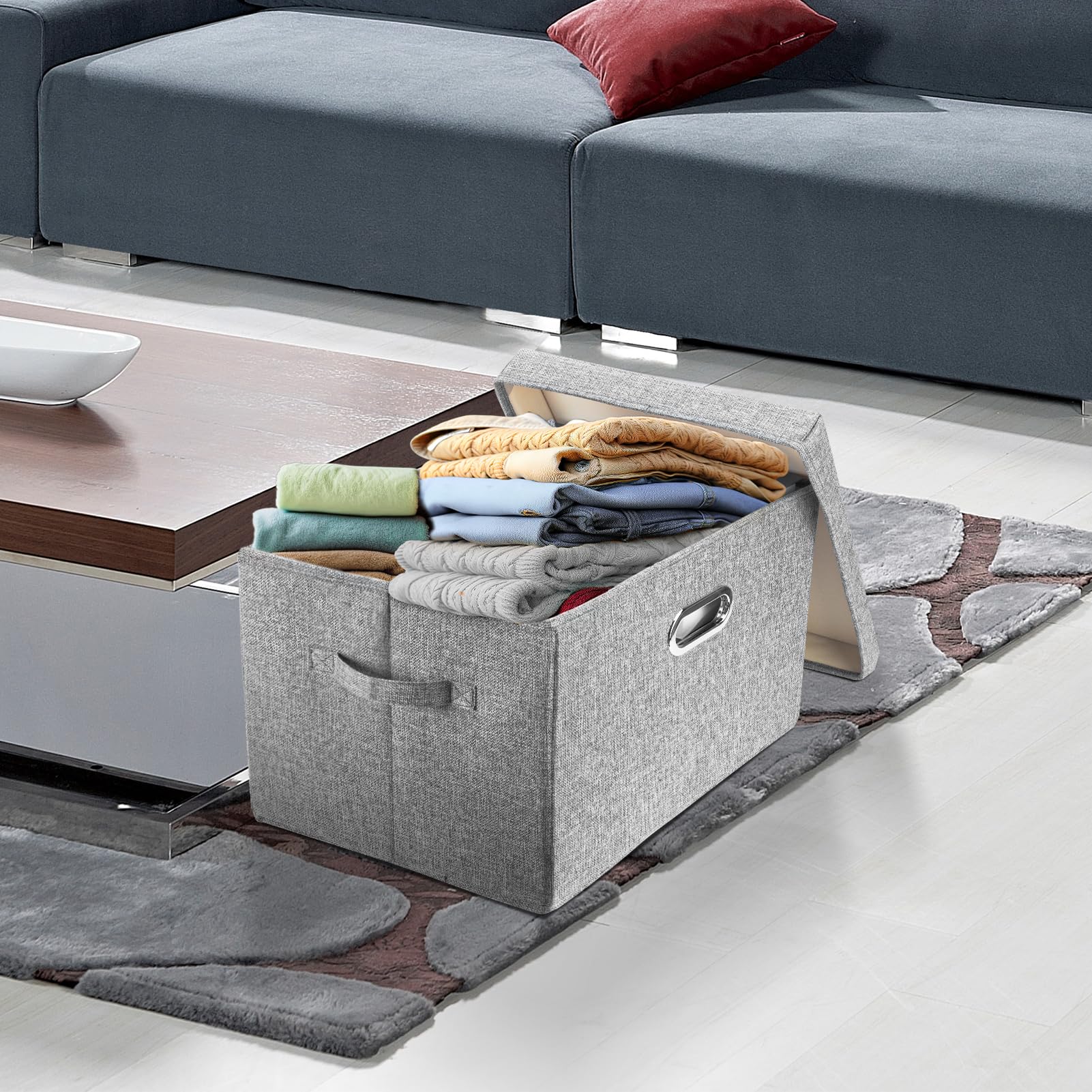 TYEERS Grande Boîte de Rangement avec Couvercle, Tissu, Pliable, Lavable, Rangement Tissu, 44x30x29 cm, Lot de 3, Gris