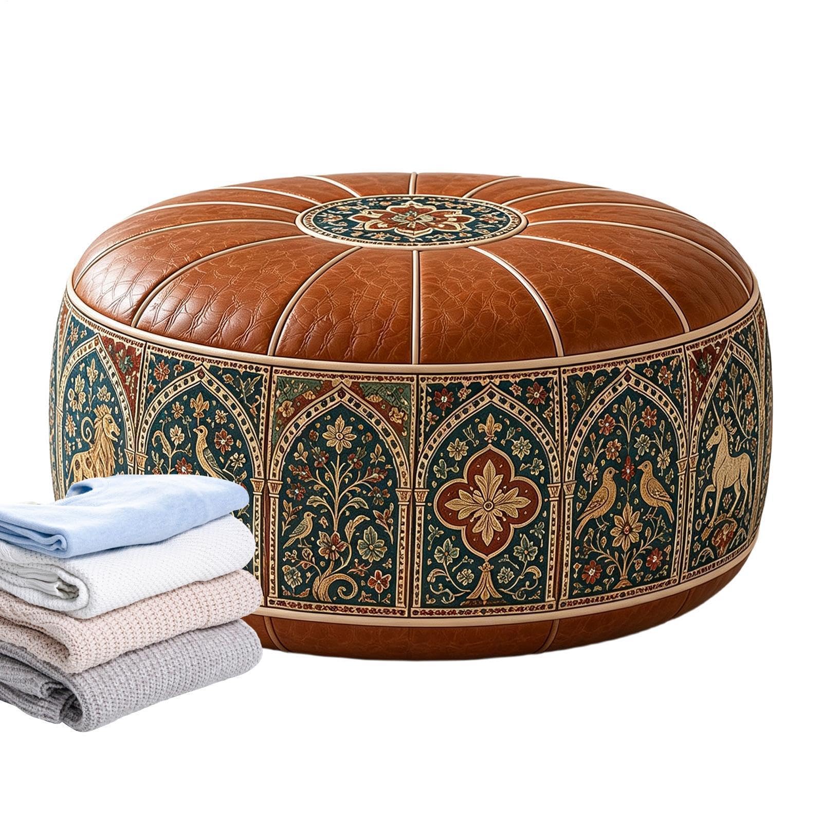 Runder Polsterhocker mit Stauraum, 53 cm, wasserdicht, Kunstleder | Runde Ottomane, 53 cm, aus Kunstleder mit wasserdichter Außenseite, ideal für die Aufbewahrung von Decken und Kleidung