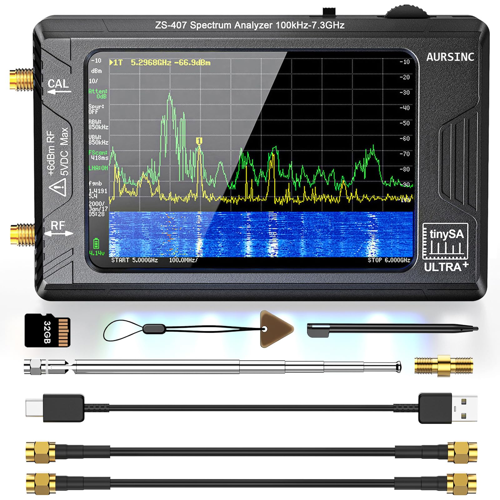AURSINC Tinysa Ultra+ ZS407 Spektrumanalysator, 4,0 Zoll 100 kHz-7,3 GHz Tinysa Handheld-Frequenzanalysator, 2-in-1 RF-Signalgenerator 100 kHz bis 900 MHz MF/HF/VHF/UHF-Eingang, HW V0.5.4
