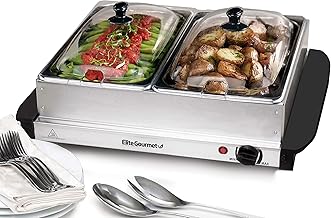 Elite Gourmet EWM-6122 Bandeja doble de 2 x 2.5 Qt., Servidor de buffet, Calentador de alimentos con control de temperatura, Tapas transparentes con ranuras, Perfecto para fiestas, entretenimiento y festividades, 5 Qt total, Acero inoxidable