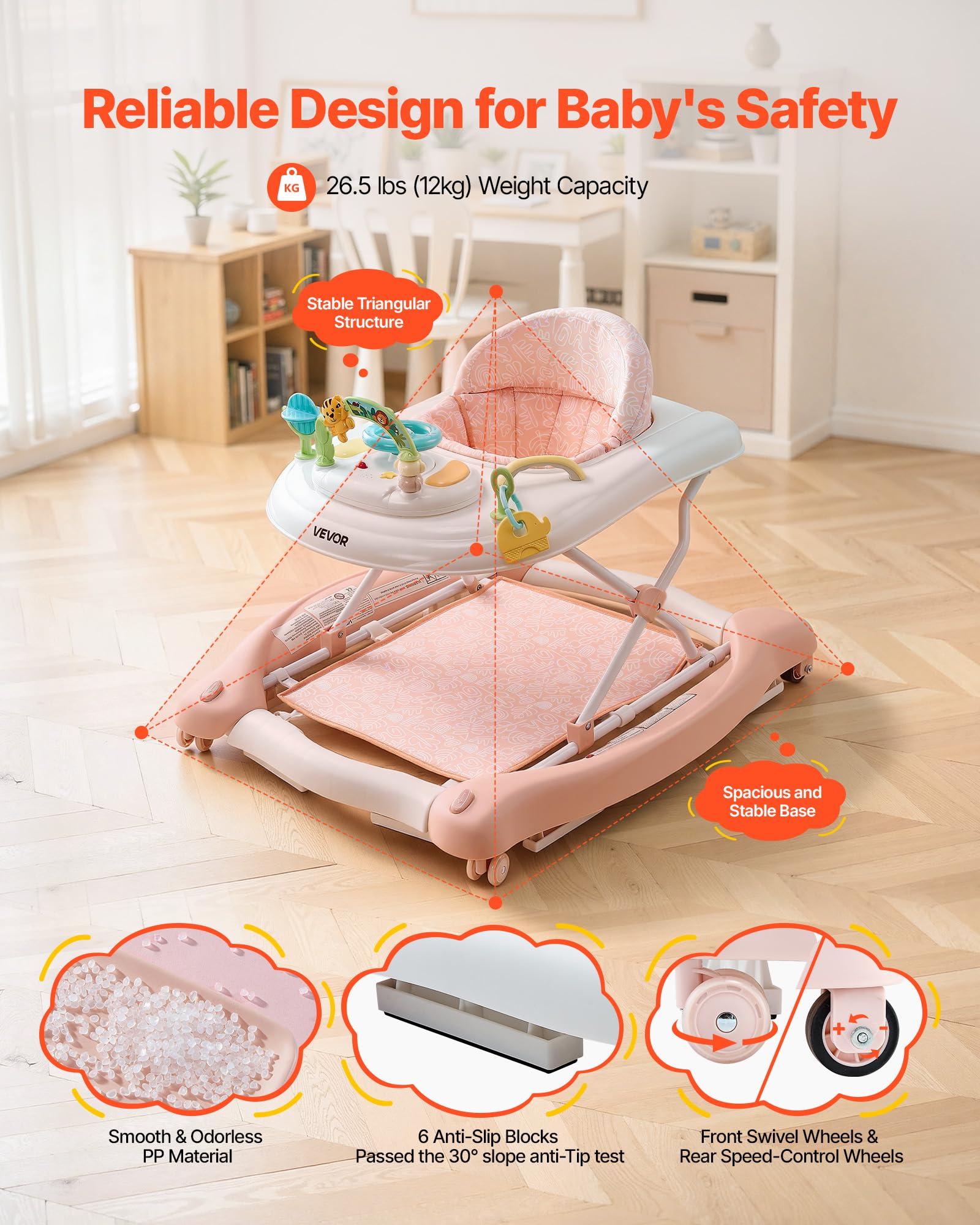 VEVOR Andador 5 en 1, Centro de Actividades Plegable con Ruedas, con Altura Ajustable y Cómodo Asiento de Respaldo Alto, Ayuda Antivuelco para Niños de 6 a 24 Meses, 720 x 665 x 530 mm, Rosa