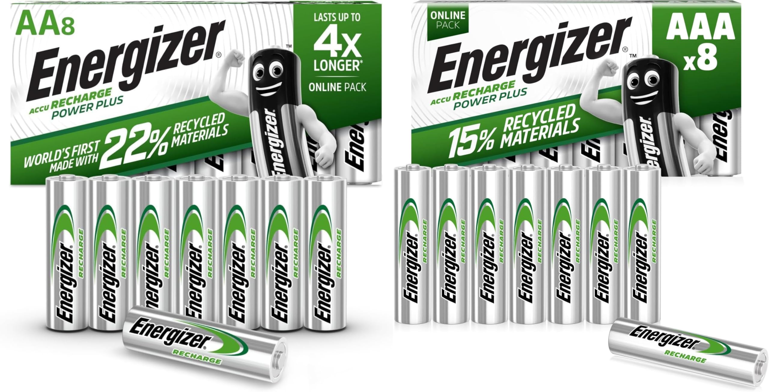Energizer Recharge Power Plus - Piles Rechargeables AA + AAA (Lot de 16) - pré-chargées - Puissance Longue durée - 1000 Cycles - Emballage 100% Recyclable et sans Plastique