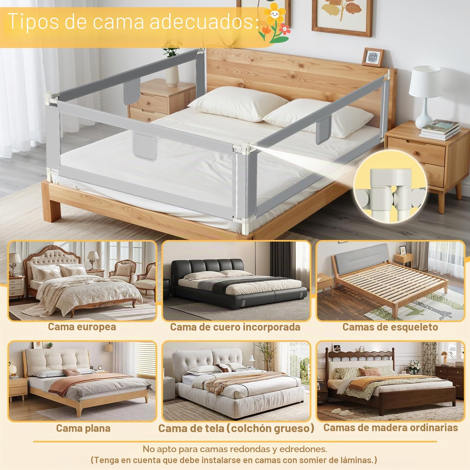 Ikodm Barrera para cama de 200 cm x 2 + 180 cm x 1, altura regulable 64-96 cm, para bebés y niños, con interruptor de doble botón, fácil montaje, color gris