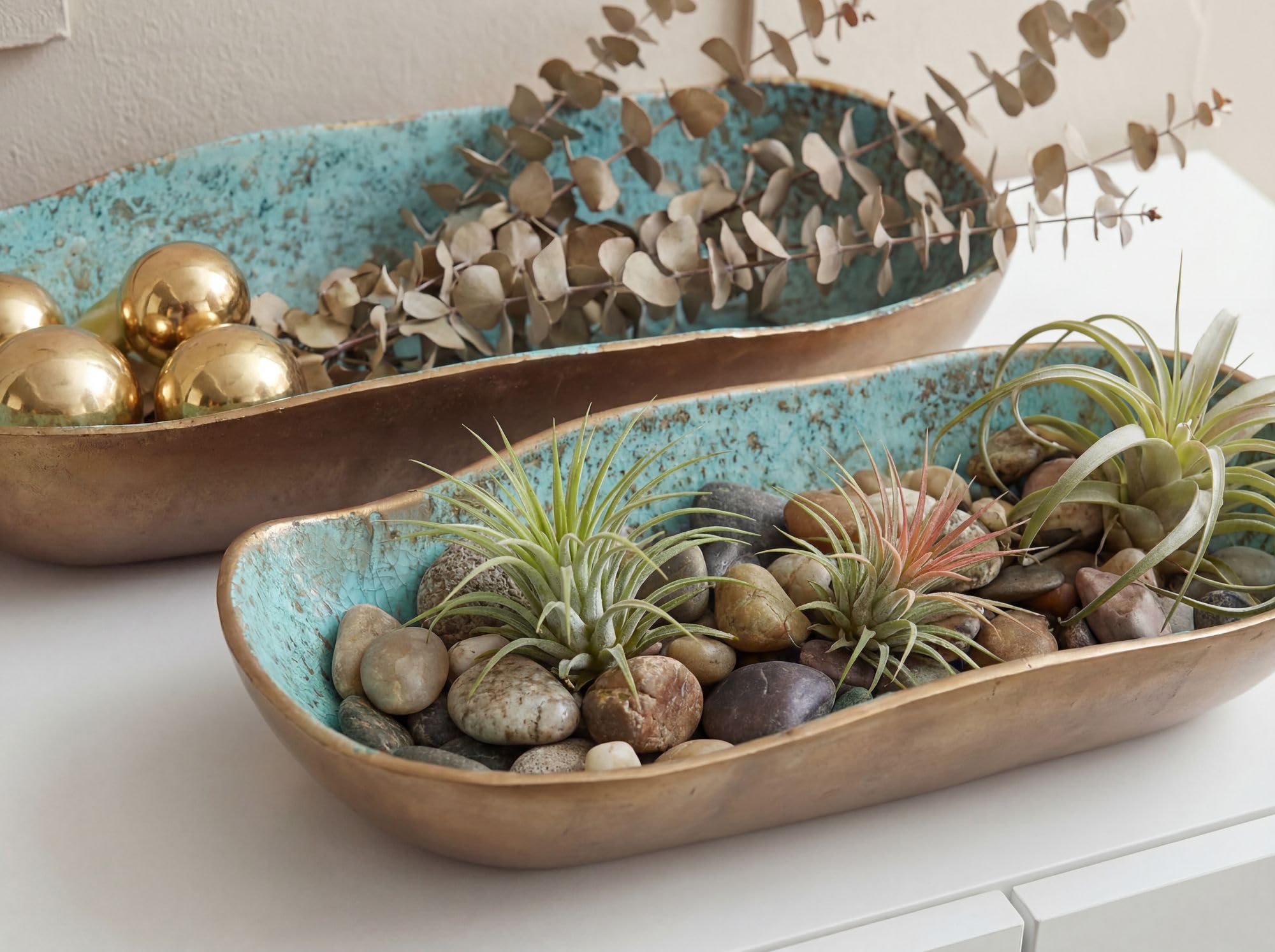 FineBuy Dekoschale 2er Set Aluminium Gold Patina, Oval | Schalen in Schiffchen-Form lebensmittelecht, Obstschale und Tischdeko, handgefertigte Unikate