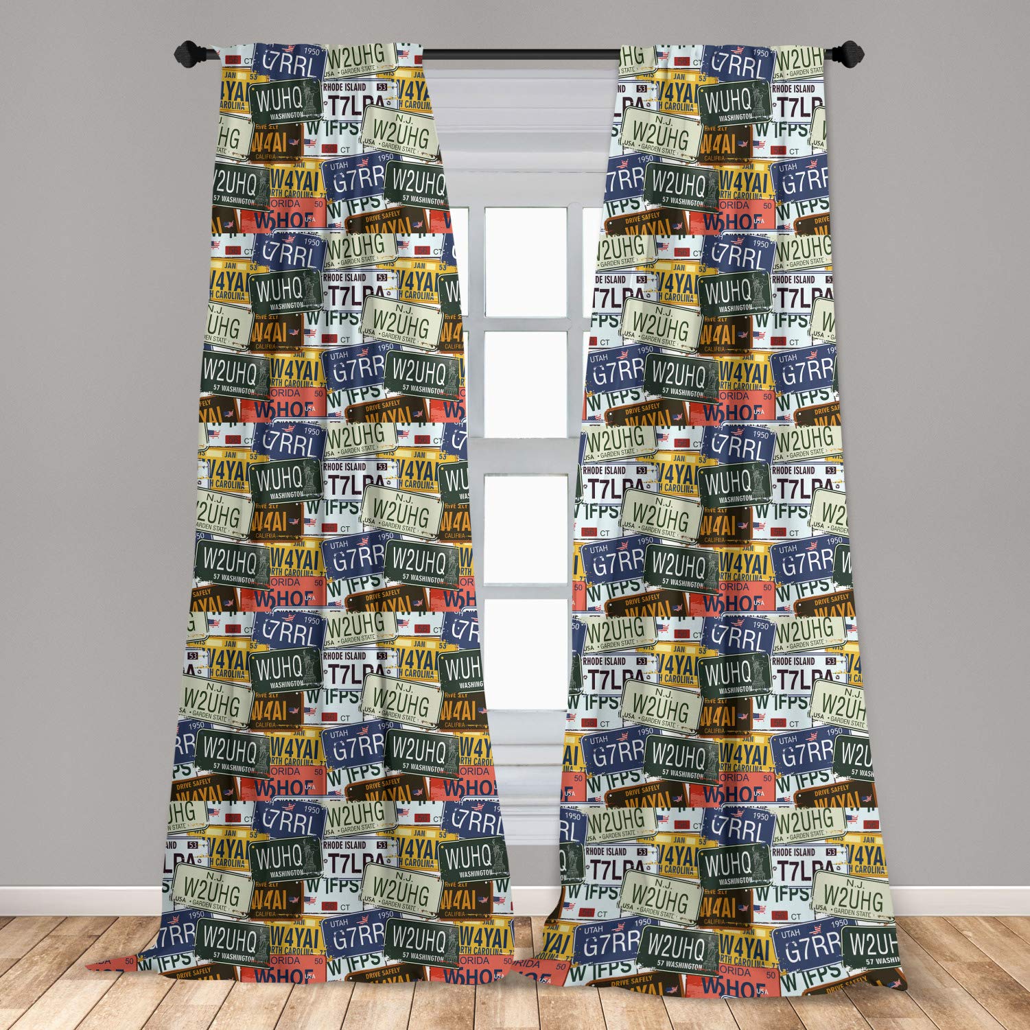 Ambesonne Vintage Window Curtains, Original Retro Style License Plates Personalized Creative Travel Vacation, Lightweight Decor 2-Panel Set with Rod Pocket, Pair of - 28" x 95", Green Blue