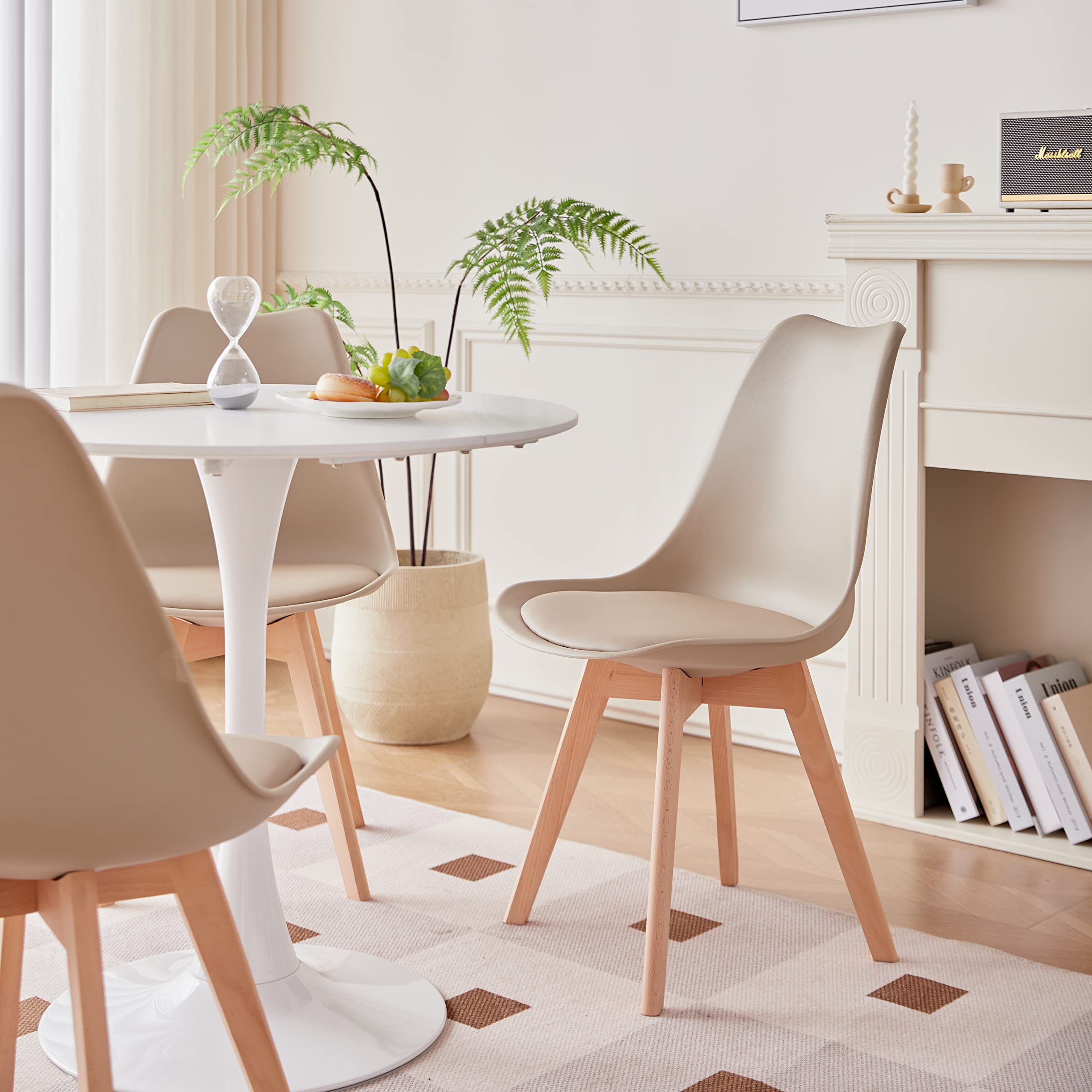 GrandCA HOME Set da Sala da Pranzo con Tavolo da Pranzo e 4 Sedie da Pranzo, Set Tavolo da Pranzo Rotondo 1 MDF Bianco + 4 Sedie da Pranzo Cachi, per Sala Riunioni in Cucina