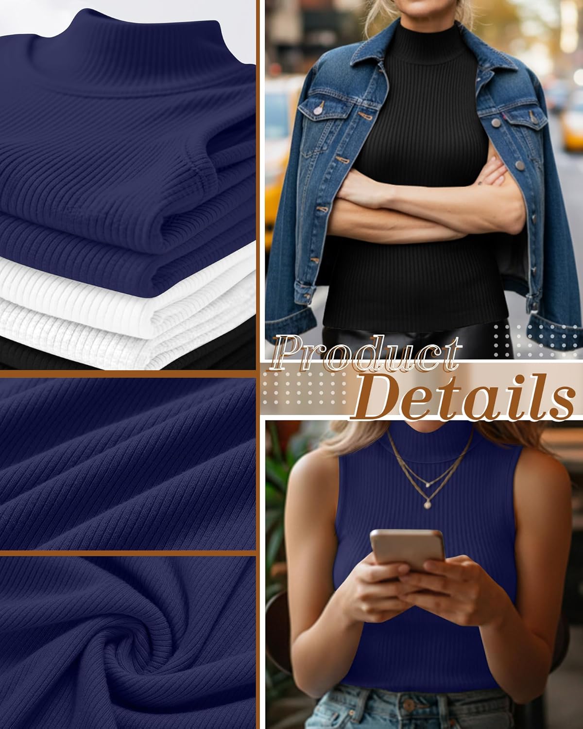 Ficerd 3 Pack Women's Sleeveless Mock Turtleneck Tank Tops Ribbed Knit Slim Fitted Stretchy Shirts Casual Layer Basic Tees - Image 4