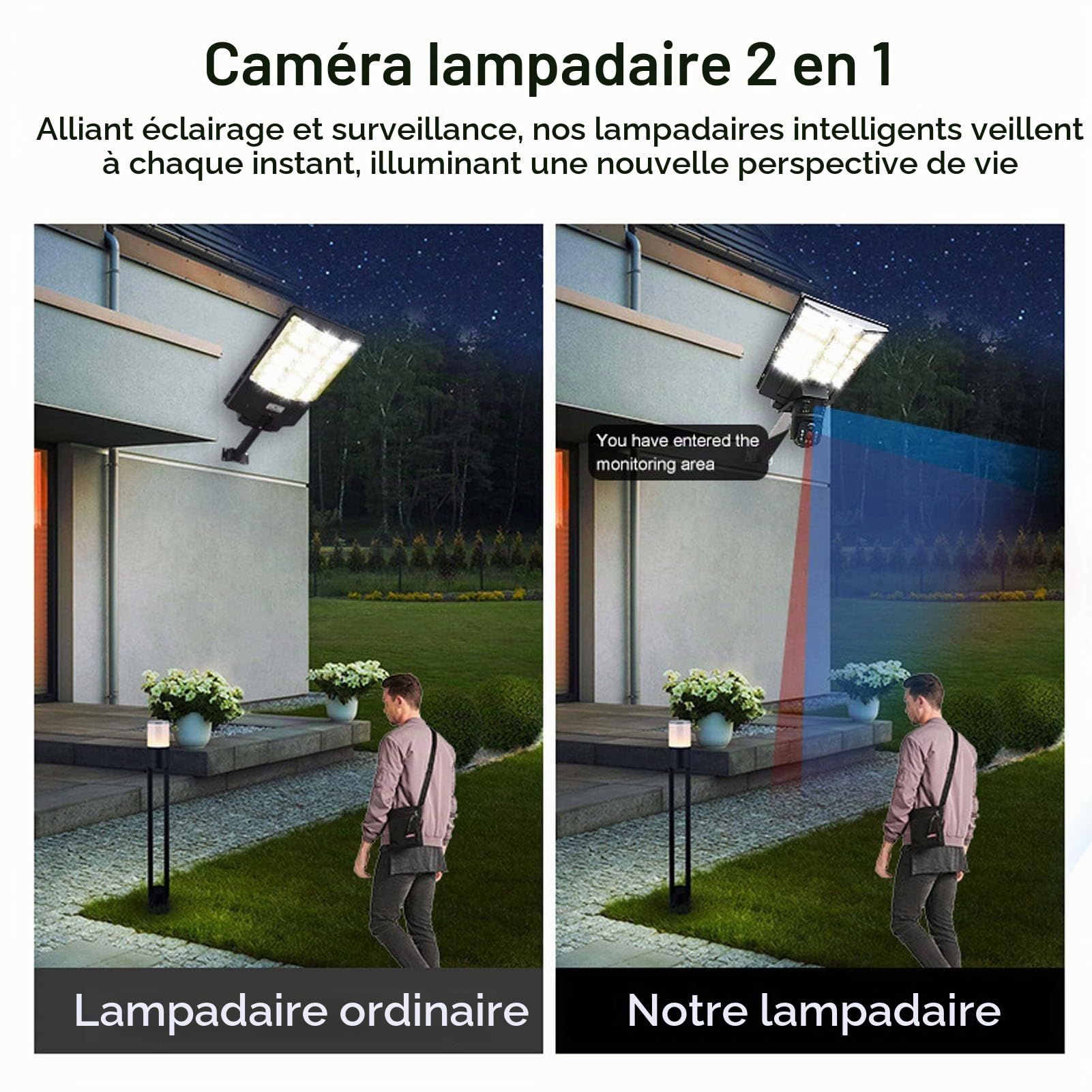 VBESTLIFE Caméra de sécurité pour Lampadaire Solaire 2 en 1 pour L'extérieur, Double Objectif Full HD 1080P, Connexion 4G, Détection Humaine, Audio Bidirectionnel, étanche à l'eau