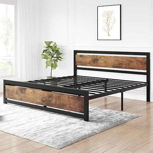 Miniatura 7 de Amyove Base de cama tamaño Queen con cabecera de madera, plataforma de cama de metal Queen de 14 pulgadas, no necesita somier, con listones de acero