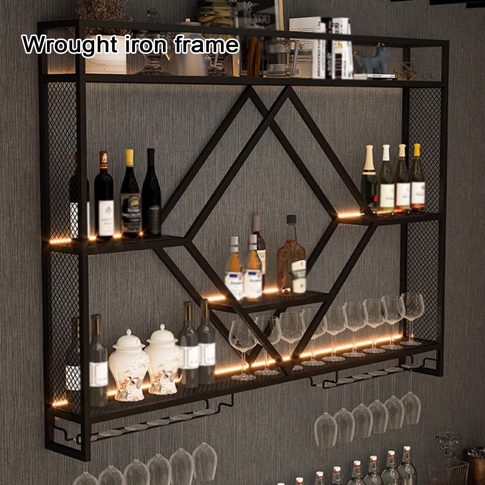Botelleros Originales de Pared Botellero de Hierro Soldado Lacado, Botellero Vino Pared con Luz LED y Portavasos, for Bar Restaurante Club(Black,100 * 15 * 80cm)