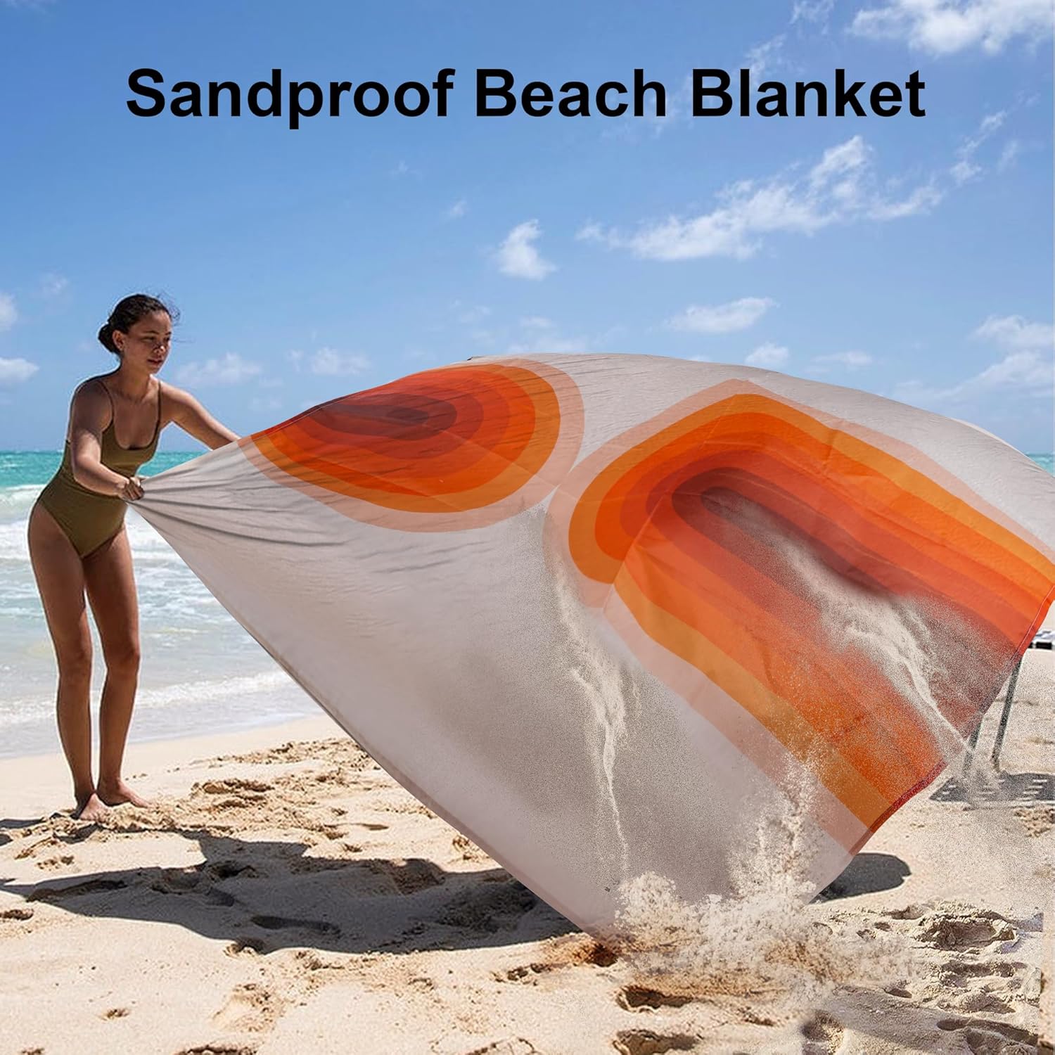 BEW 9 ft×10 ft Extra Large Waterproof Sandproof Beach Blanket for 8 Adults, Beach Mat with 4 Stakes, 210T Polyester Foldable Picnic Blanket for Travel, Hiking, Orange Arches (BB-118-Boho-Arches) - Image 2