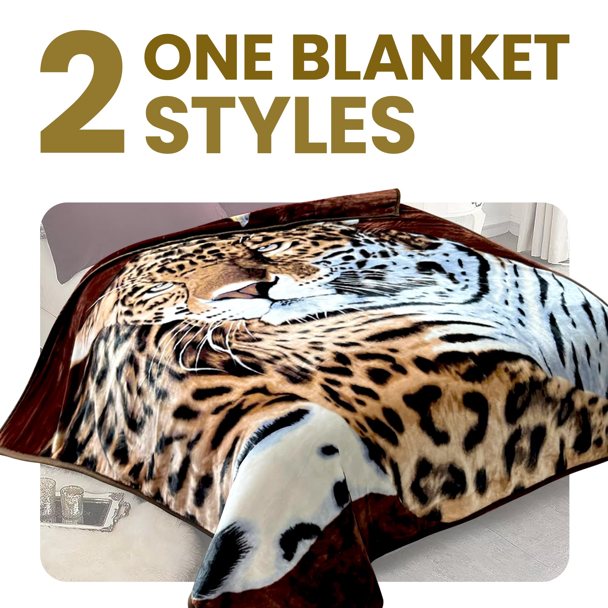 YHSF Korean Faux Mink Blanket 5 LB - 2 Ply Reversible Fuzzy Silky Super Warm and Cozy Plush Soft Embossed Blanket (Tiger/Leopard, Queen) Heavy Korean Mink Fleece King Size Blanket, Christmas Gift for