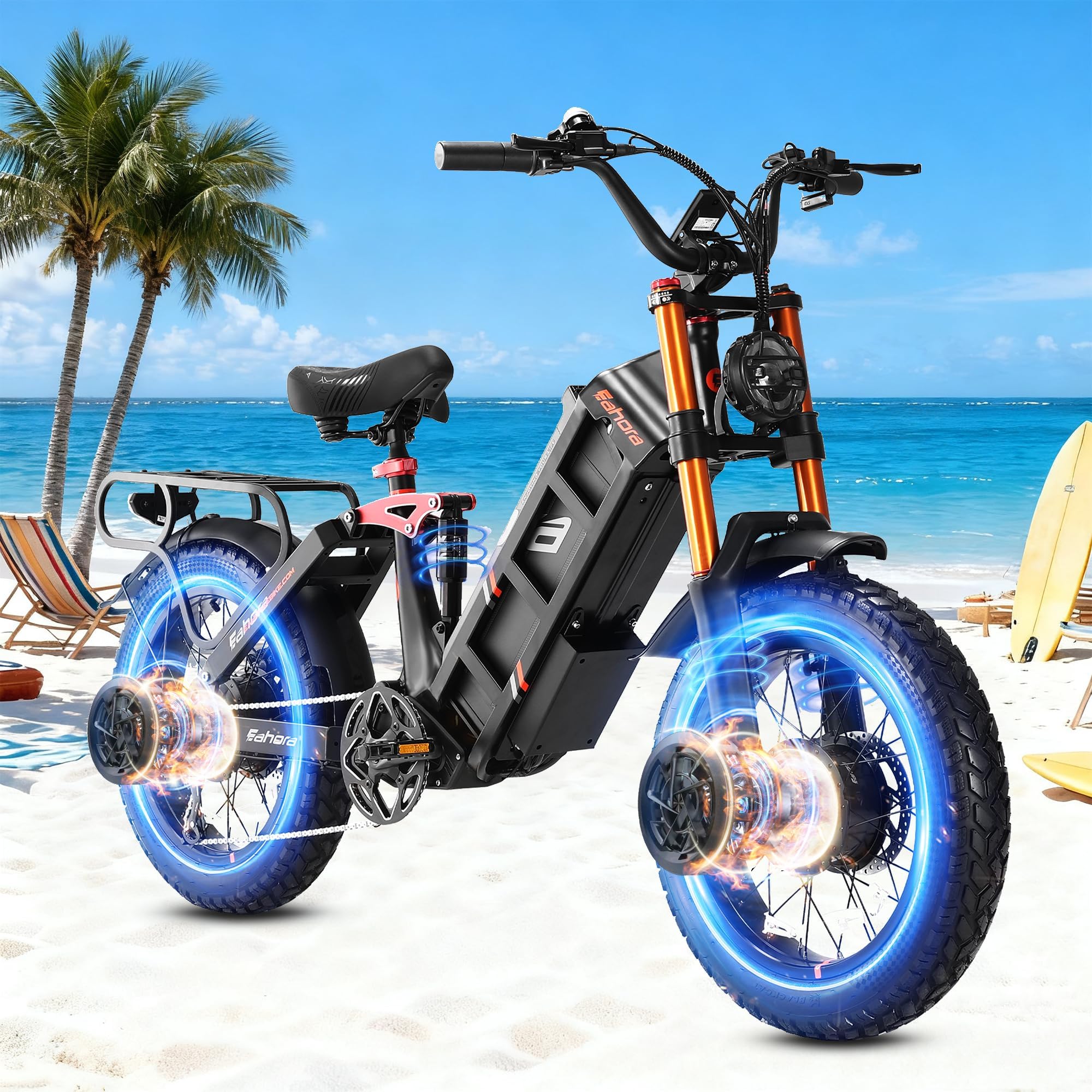 eAhora Juliet Pro 2/2 Peak 5400W/1700W Dual Motor 43/34MPH Electric Bike for Adults 60V 70Ah/52V 60Ah 200-220+Miles Long Range Ebike 20'' Fat Tire Full Suspension E-Bike for Delivery and Commuting