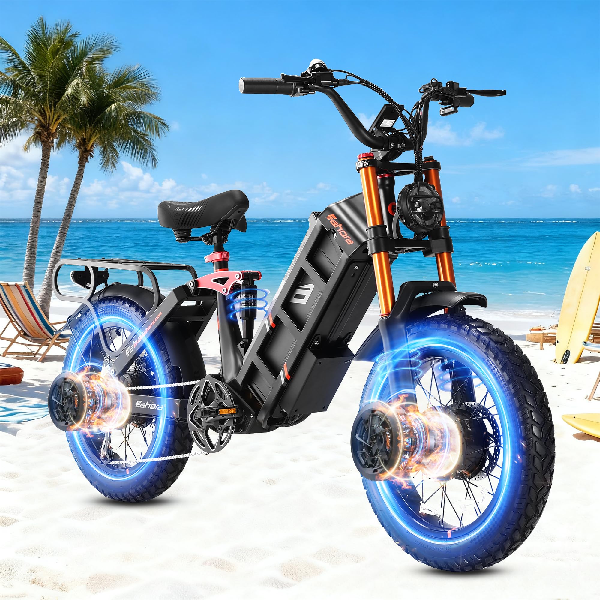 eAhora Juliet Pro 2/2 Peak 5400W/1700W Dual Motor 43/34MPH Electric Bike for Adults 60V 70Ah/52V 60Ah 200-220+Miles Long Range Ebike 20'' Fat Tire Full Suspension E-Bike for Delivery and Commuting