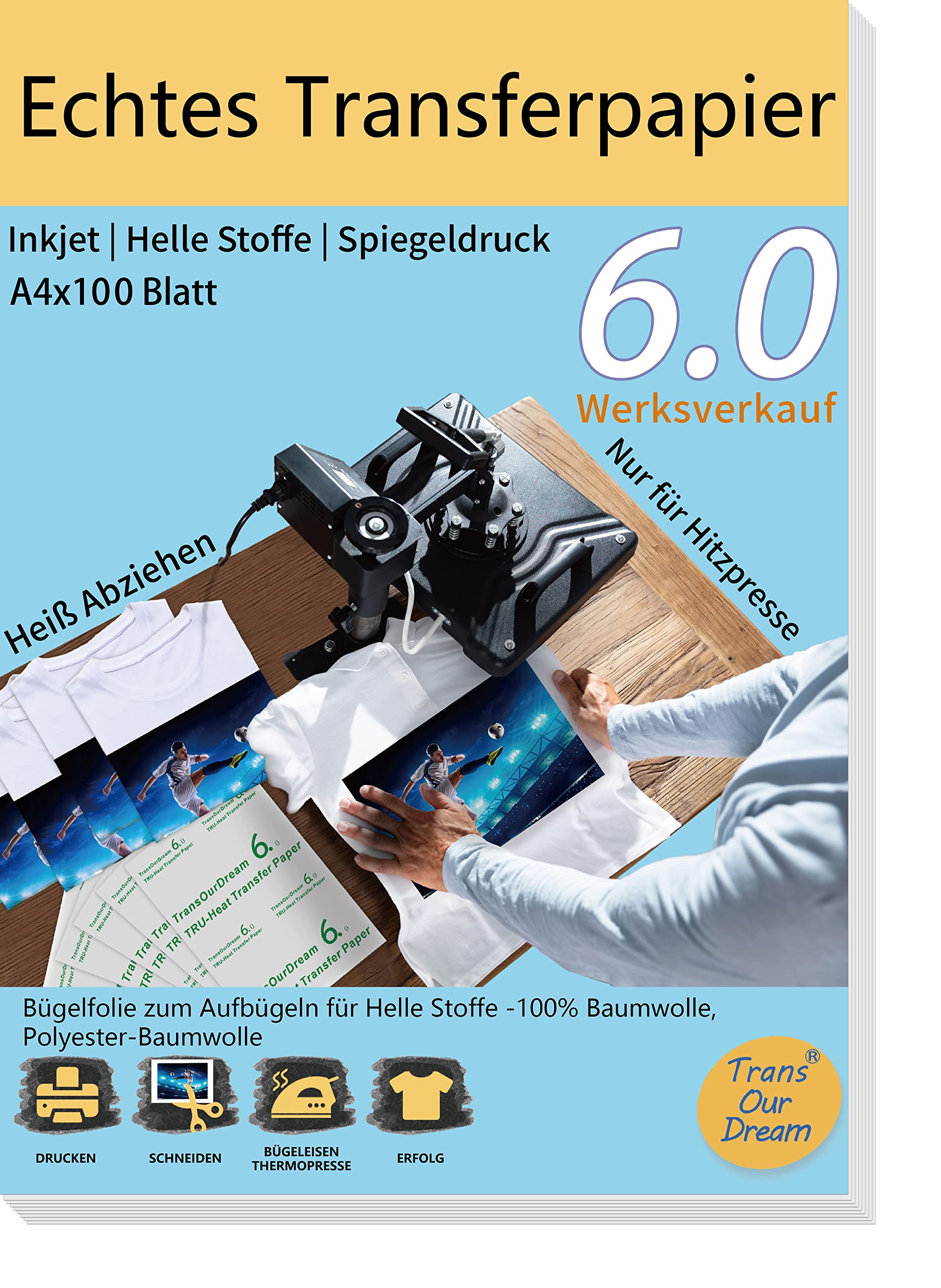 TransOurDream Echte inkjet transferfolie, strijkfolie voor licht textiel, hiztepersen, spiegelprinten, DIN A4X100 vellen, T-shirt-papier