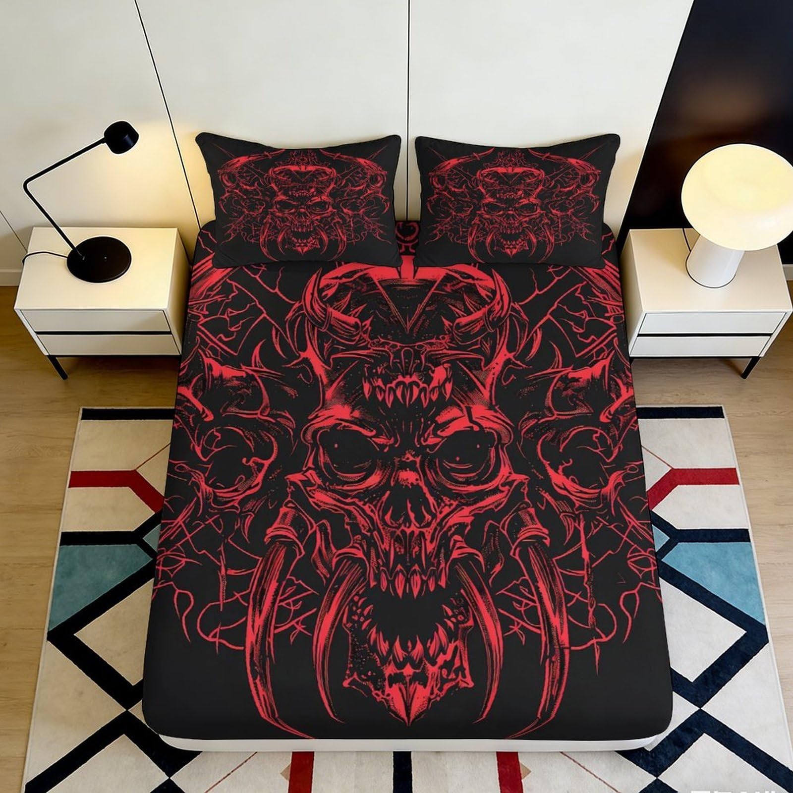 3D Printed Demon Skull Fitted Sheet Microfiber Black Red Gothic Bed Cover for Bedroom Guest Room Mattress Protection 90x200x25cm