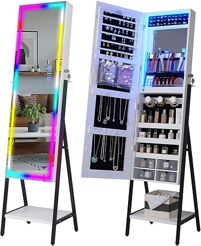 HNEBC Armario de joyería con espejo LED RGB, organizador de joyas de pie de longitud completa con almacenamiento, espejo de joyería con cerradura