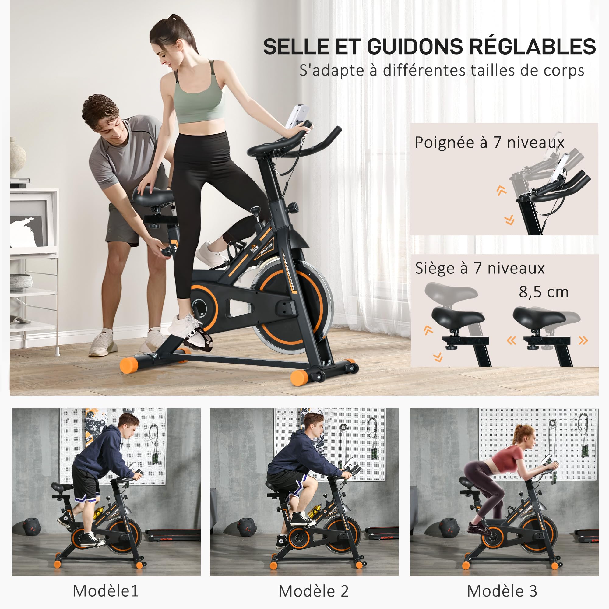 HOMCOM Vélo d'Appartement avec Écran LCD, Résistance Réglable, Charge 120 kg, Noir et Orange