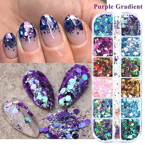 Miniatura 6 de Calcomanías holográficas hexagonales de 12 colores con purpurina gruesa, para manualidades, lentejuelas, purpurina para uñas, copos de polvo de