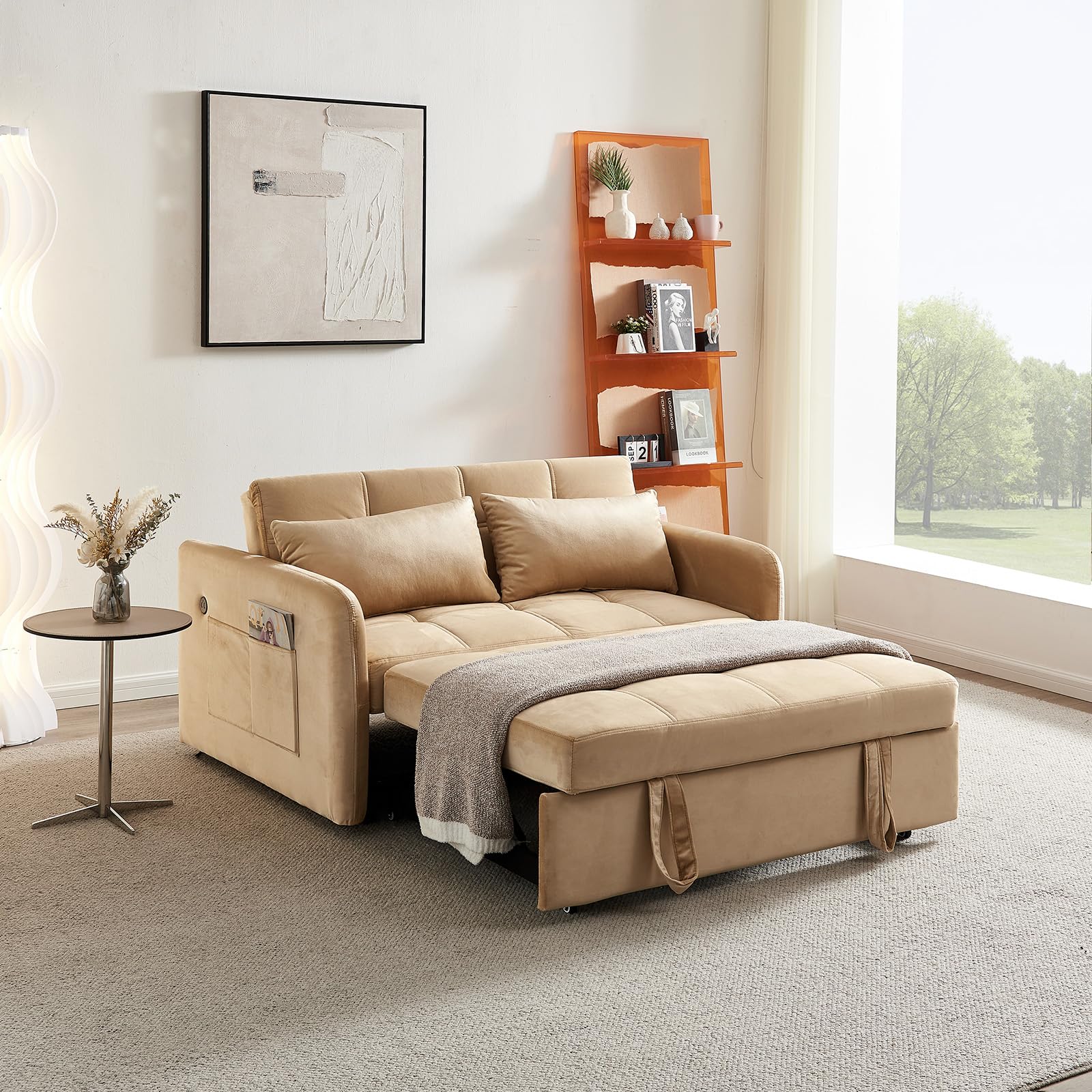 N NOORDENIYA Convertible Futon Sofa,Sleeper Sofa Couch Bed for Living Room,Multifunctional Couch Bed, Easy Assembly,3 In1 Recliner Sofa, Velvet Material with USB Charging Ports,Khaki