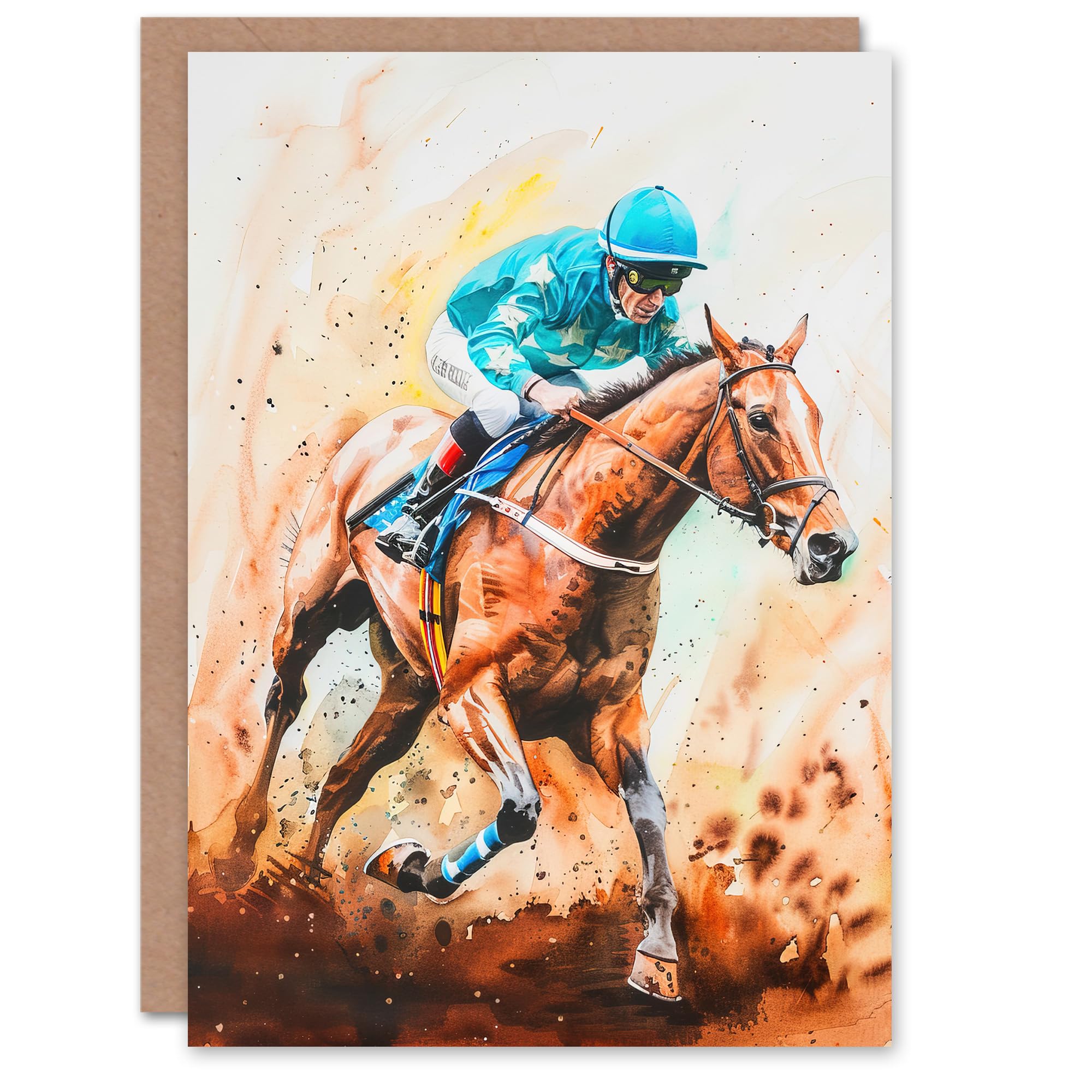 Artery8 Greeting Card Rider on Horse Racing Watercolour Dramatic Mud Blank For All Him Or Her Art Birthday Card