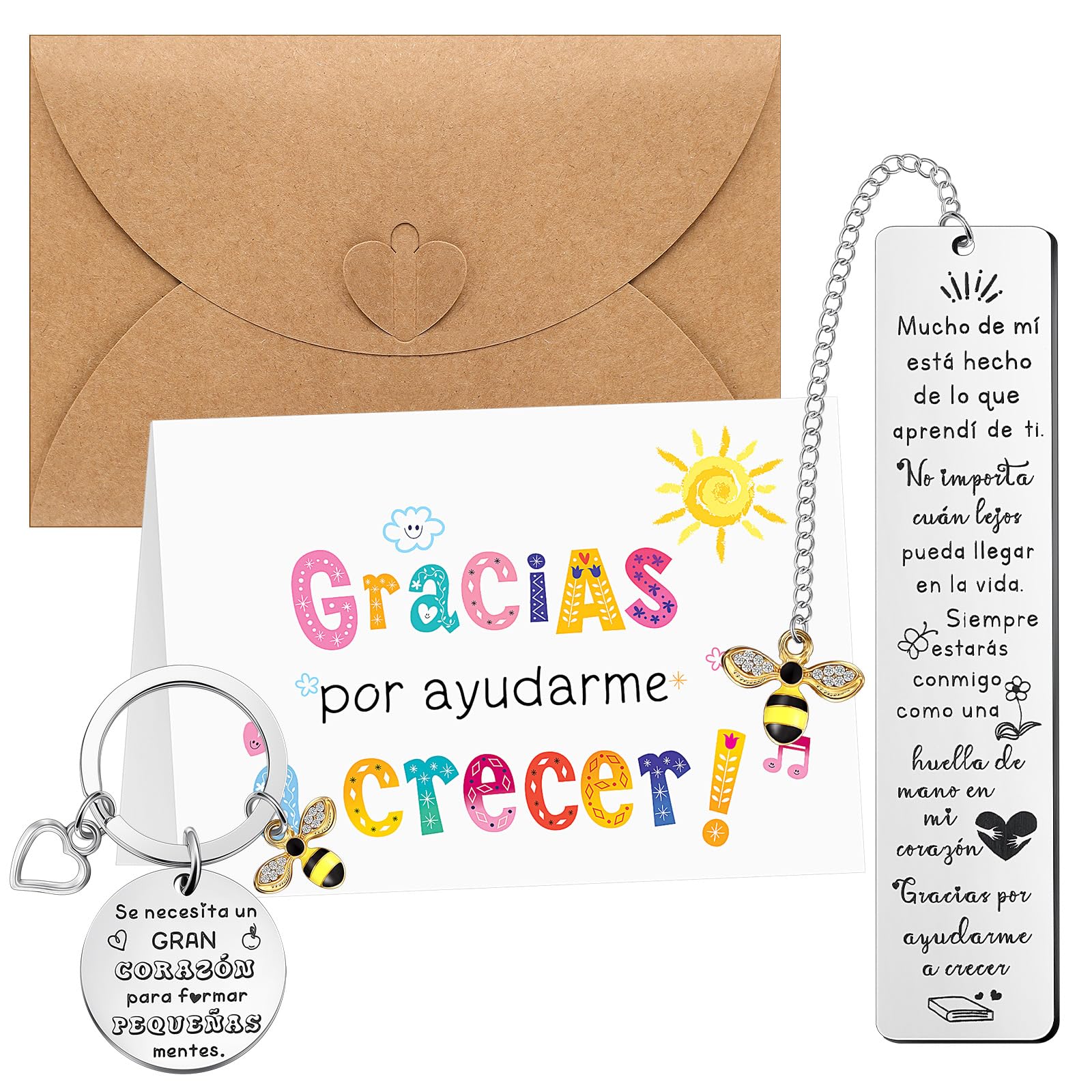 Weewooday 4 Piezas Set de Regalos de Agradecimiento para Maestro Marcapáginas Llavero de Profesor Grabado Tarjeta con Sobre Gracias por Ayudarme a Crecer para Día del Maestro Graduación(Abeja)