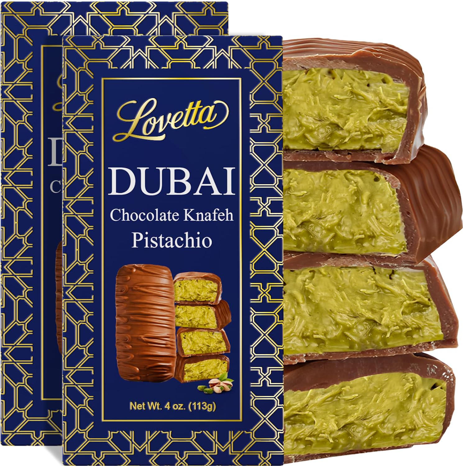 Lovetta Dubai Milk Chocolate Bar Pistachio Knafeh - Luxury Rich Chocolate, Individually Wrapped Fresh, Premium Pistachio Cream Katafi Filling (2 Pack)