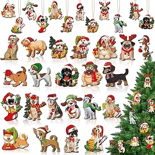 44Pcs Dog Ornaments for Christmas Tree Set with Wooden Real and Cartoon Style Dog
