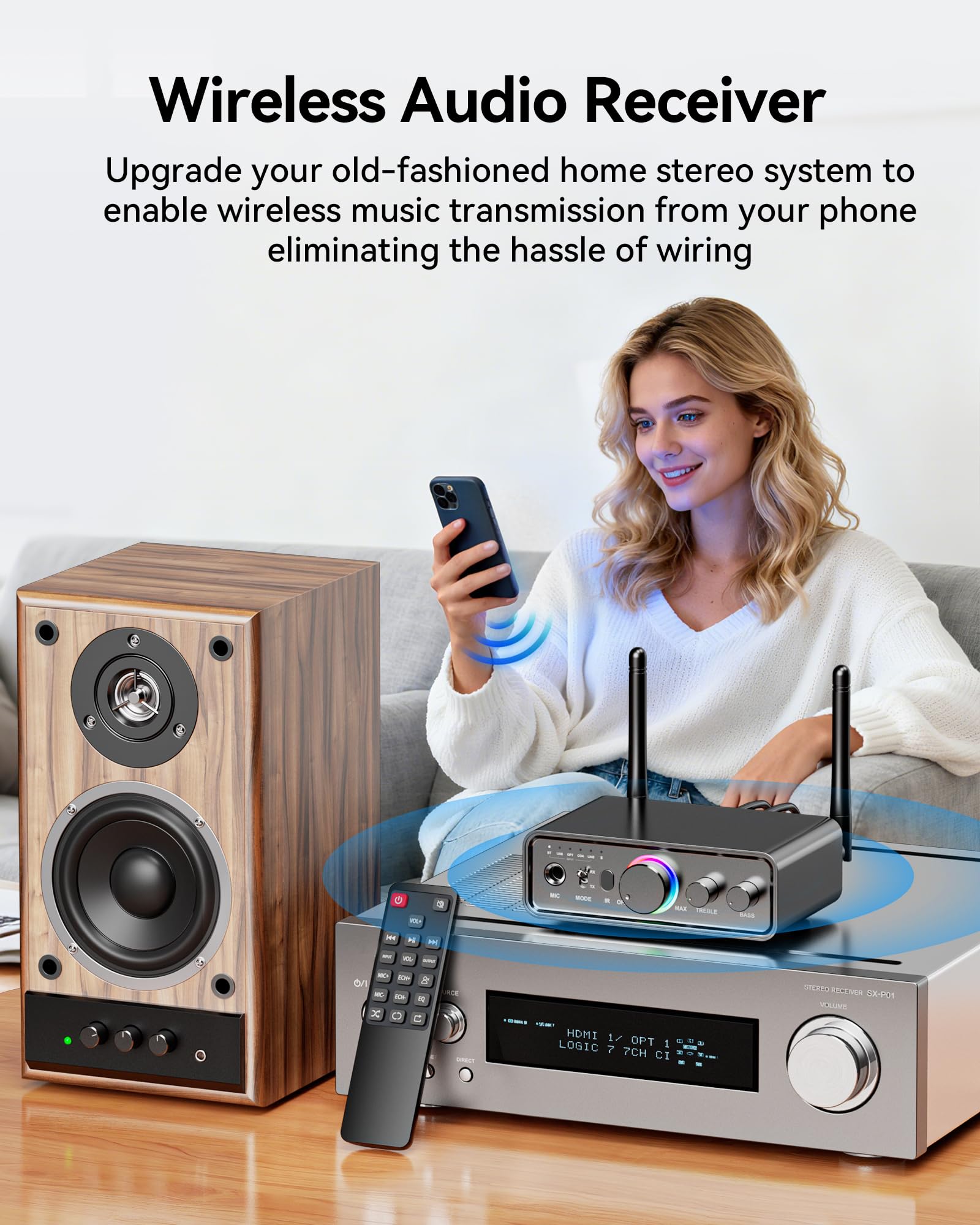 Receptor transmisor de audio Bluetooth 5.3 para TV Home Stereo, Bluetooth inalámbrico de alta fidelidad de baja latencia y adaptador de audio HD, compatible con USB, RCA, AUX, DAC, coaxial y entrada y