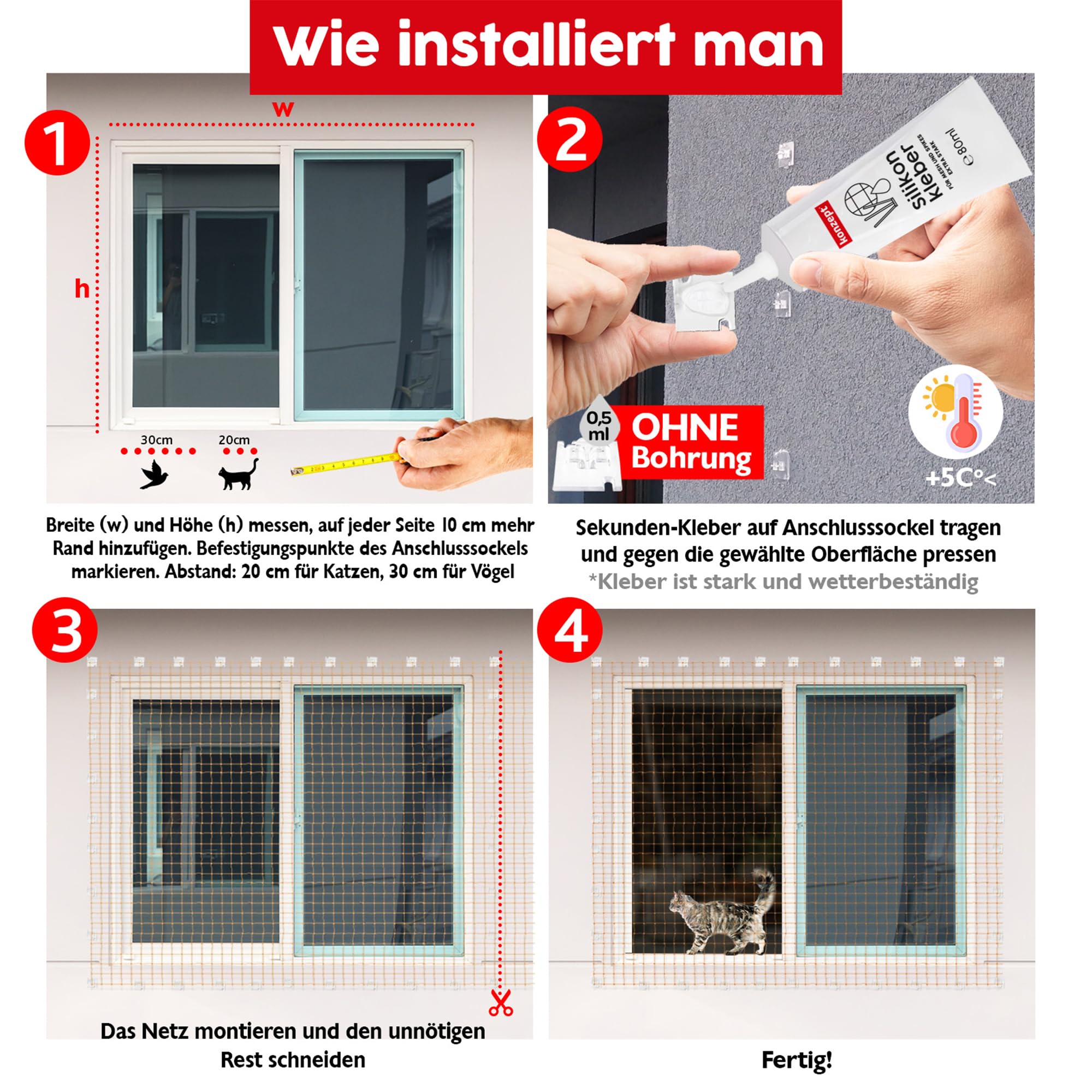 Konzept 11 50 Stück Klebehaken mit Montagekleber 30ml, extra stark, für Katzennetz Balkon – ohne Bohren, transparent, wetterfest, einfache und schnelle Montage