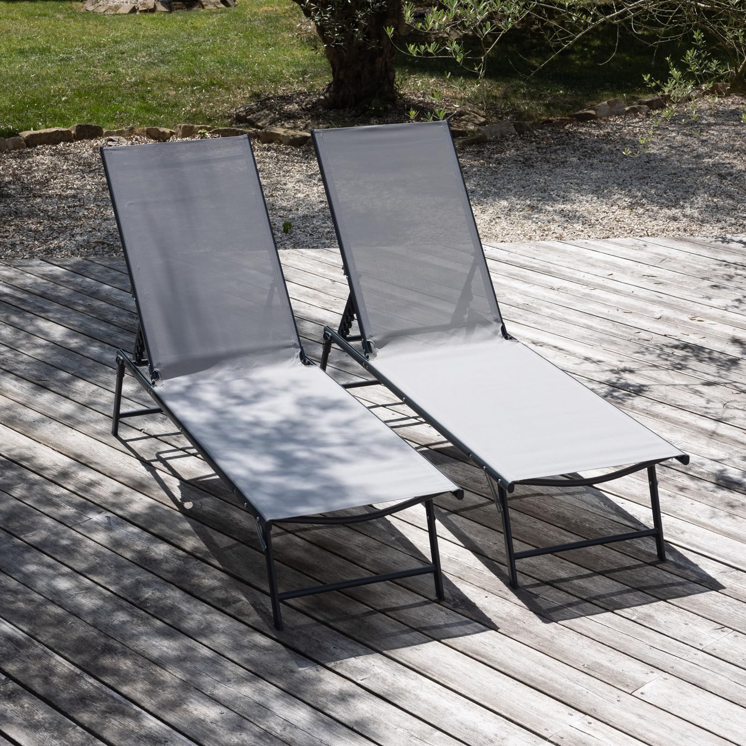 Happy Garden Lot de 2 Bains de Soleil pliants Sicilia en textilène Gris - Structure Gris Anthracite. Bain de Soleil d'extérieur en Acier 5 Positions.