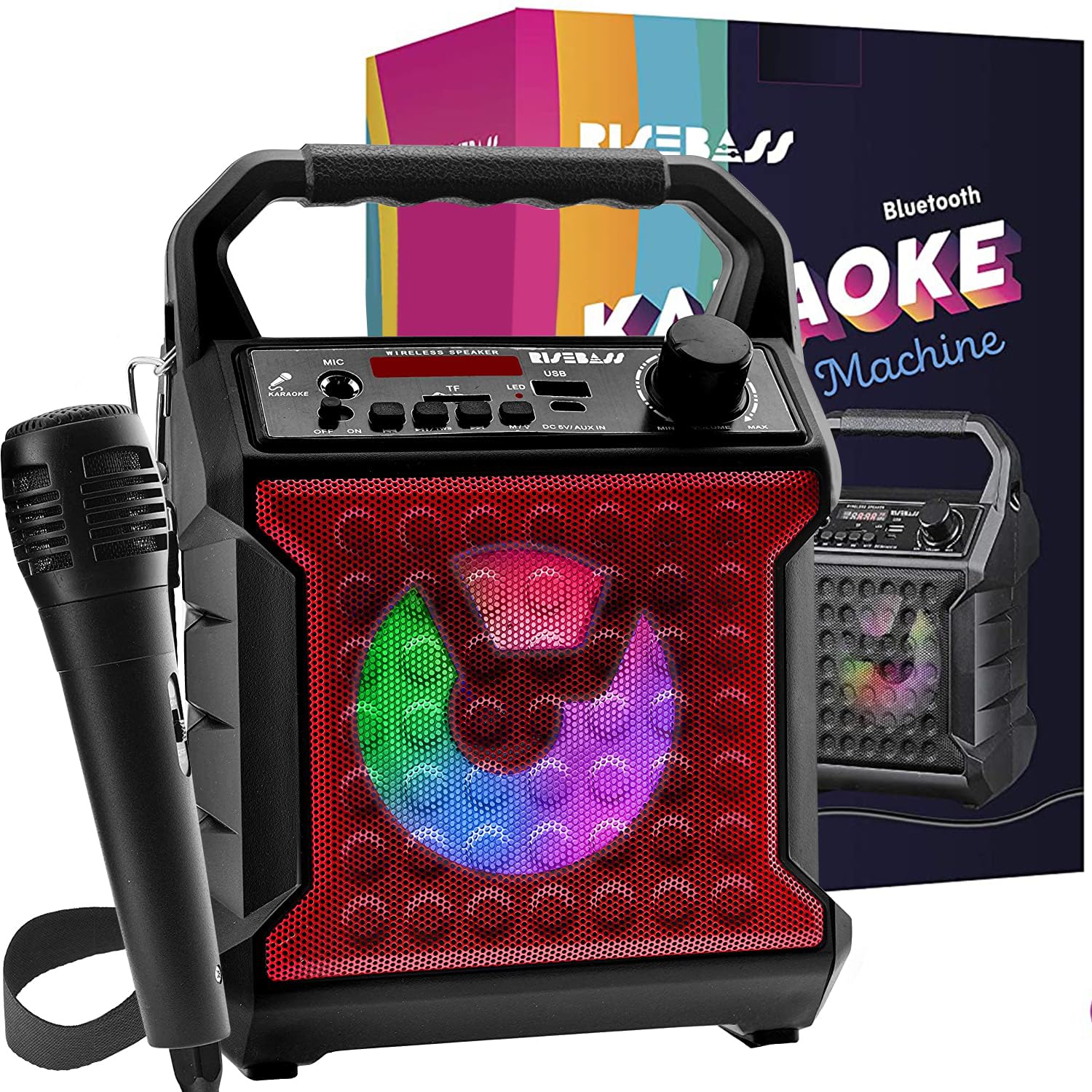 Risebass Portable Karaoke Machine with Microphone with Party Lights for Kids and Adults - Rechargeable USB Speaker Set with Bluetooth, FM Radio SD/TF Card, AUX-in, Birthday Gift for Boys and Girls — Amazon image 6