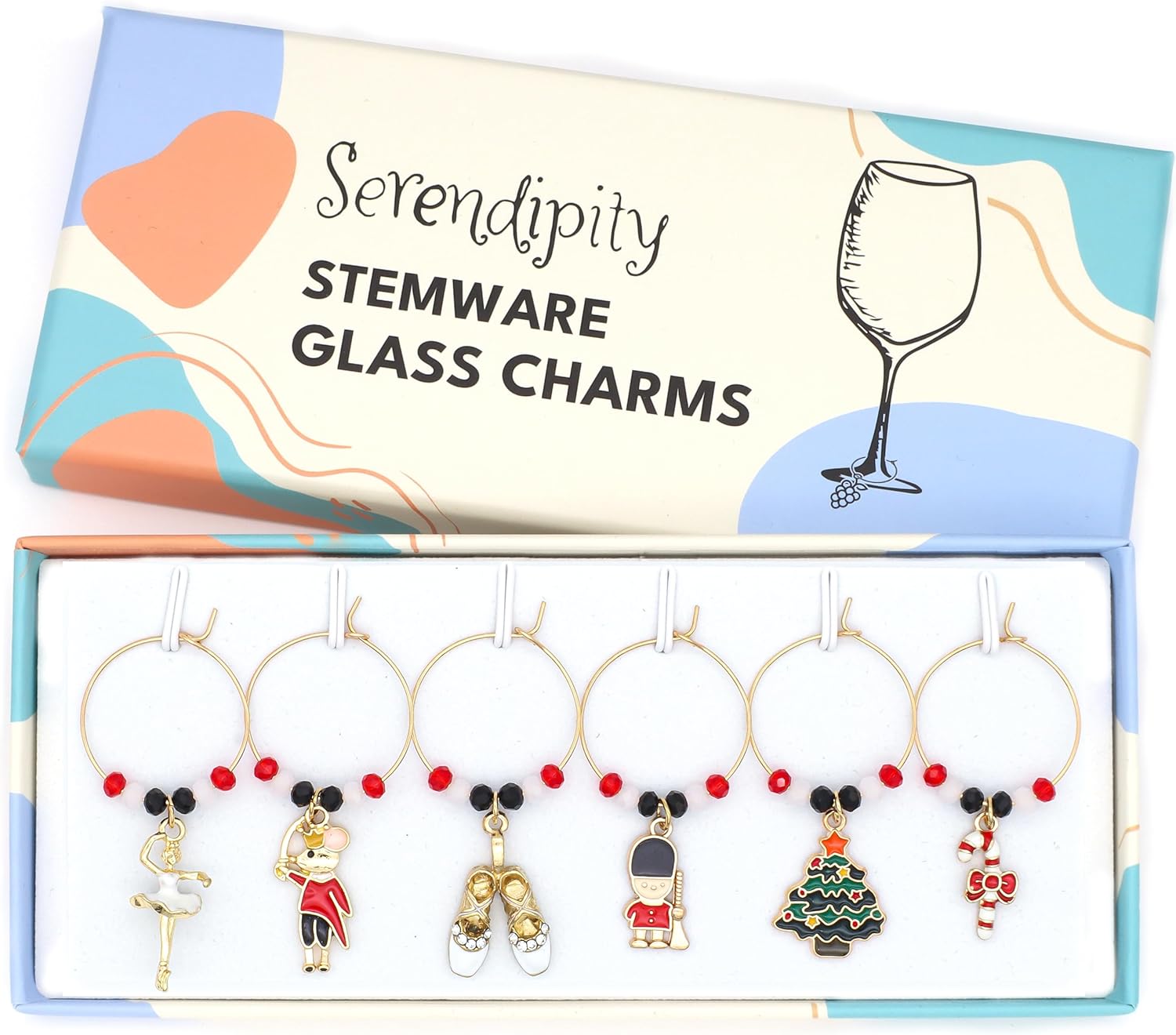 Serendipity Nutcracker Wine Glass Charms, Nutcracker Gift for Women, Set of 6 Include Soldier, Mouse King, Candy Cane, Ballerina, Pointe Shoes, Christmas Tree