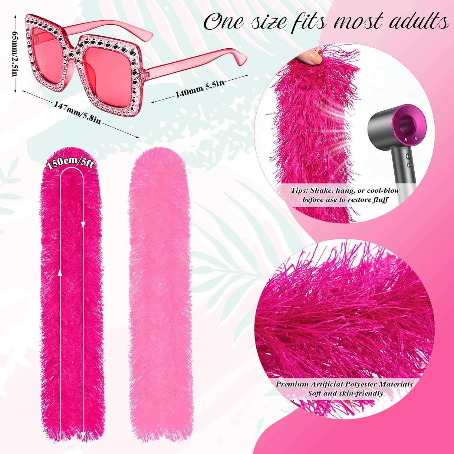 Pibupibu 16 PCS Feather Boas Party Pack with 8 Artificial Feather Boas and 8 80s Crystal Sunglasses for Disco Party Favors