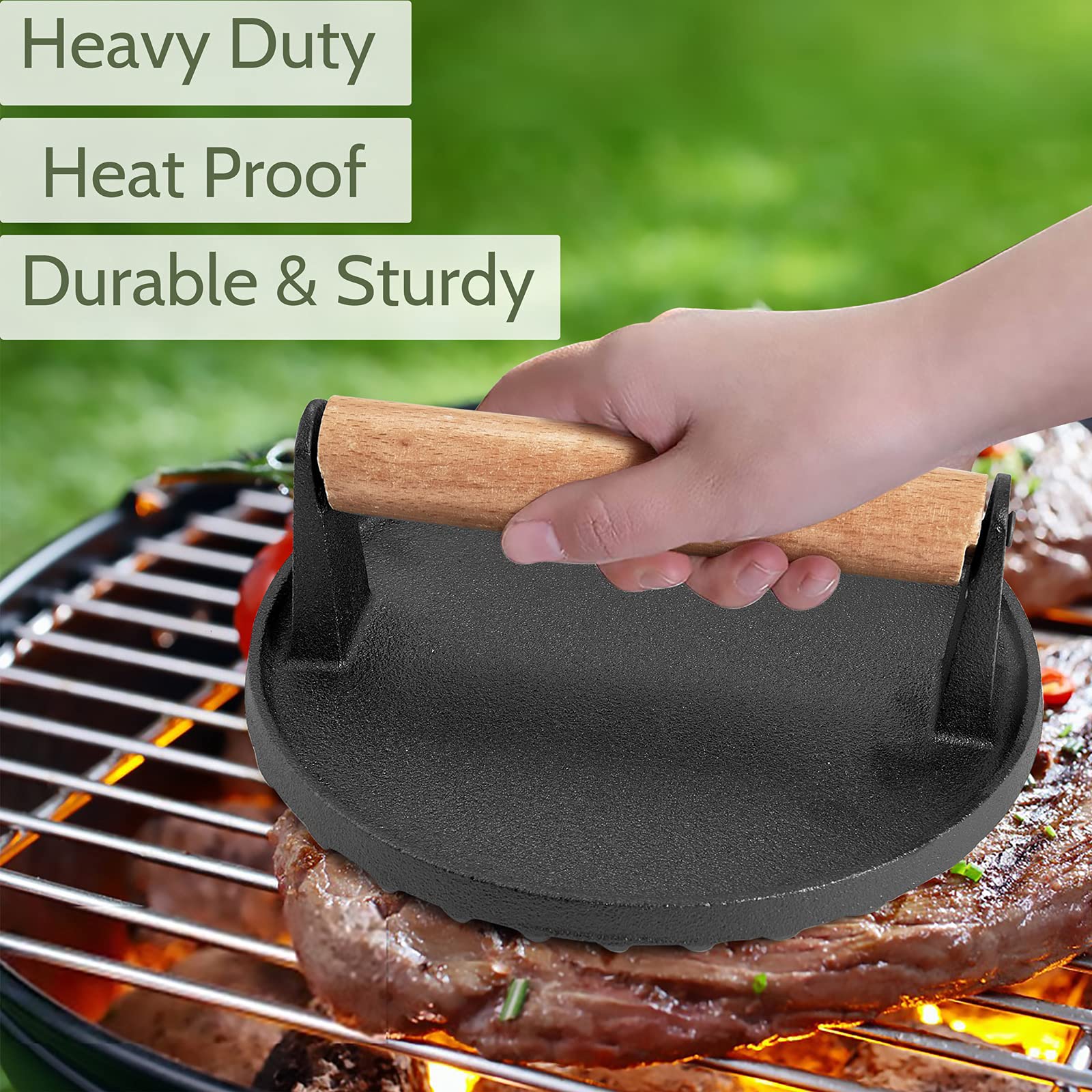 HaSteeL Kopuła do topienia i prasa do grilla do grilla, pokrywa do nalewania ze stali nierdzewnej 9 cali i wytrzymała drewniana prasa do burgerów 7 cali, zestaw akcesoriów do grilla, idealny do żeliwa