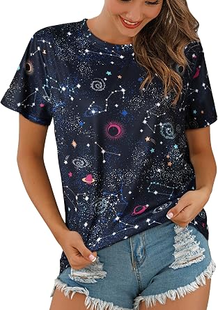 Women Short Sleeve Space Astronaut Galaxy T-Shirt Graphic Casual Tee Tops