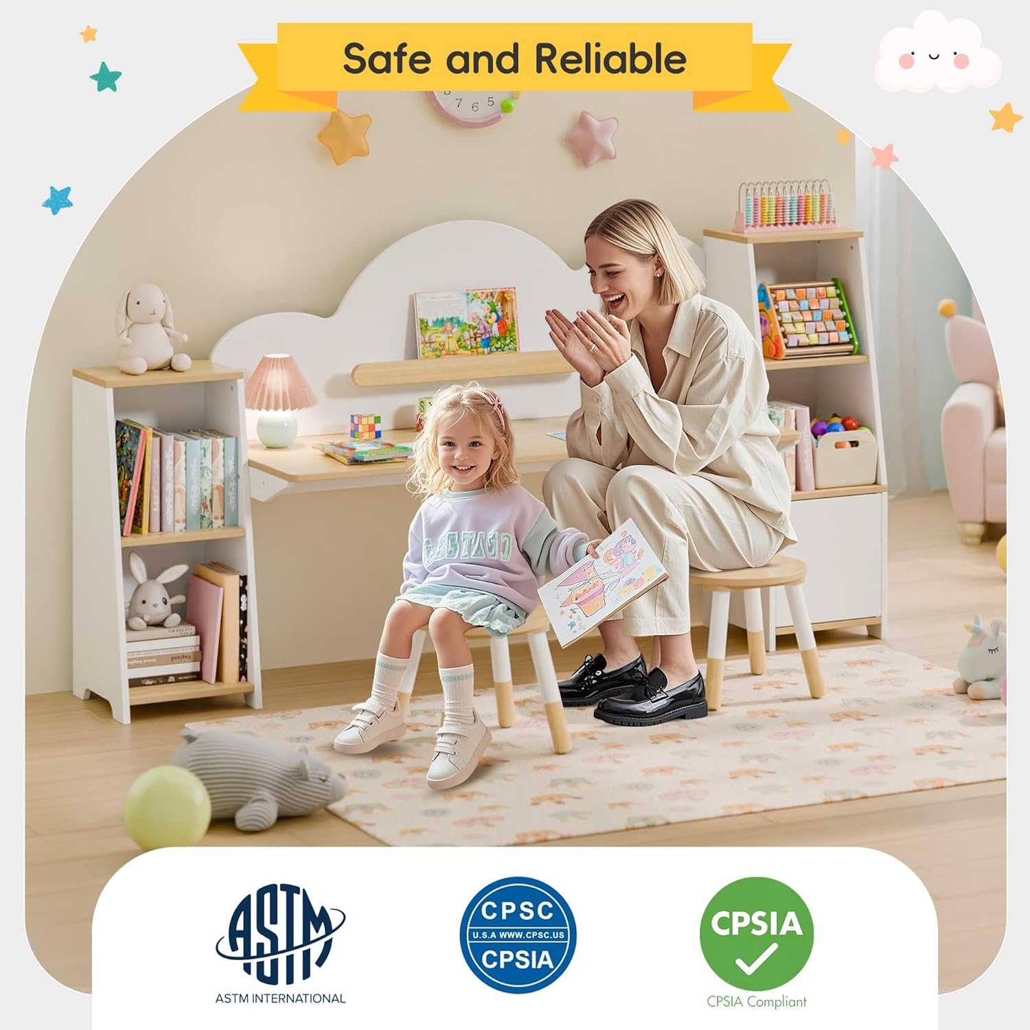 Xilingol Kids Study Desk with Bookshelves and 2 Stools, Kids Desk and Chair Set with 5 Storage Cabinets, Wooden Children Writing Table, Student Study Table for Ages 3-8, Bedroom, Boys, Girls - Image 4