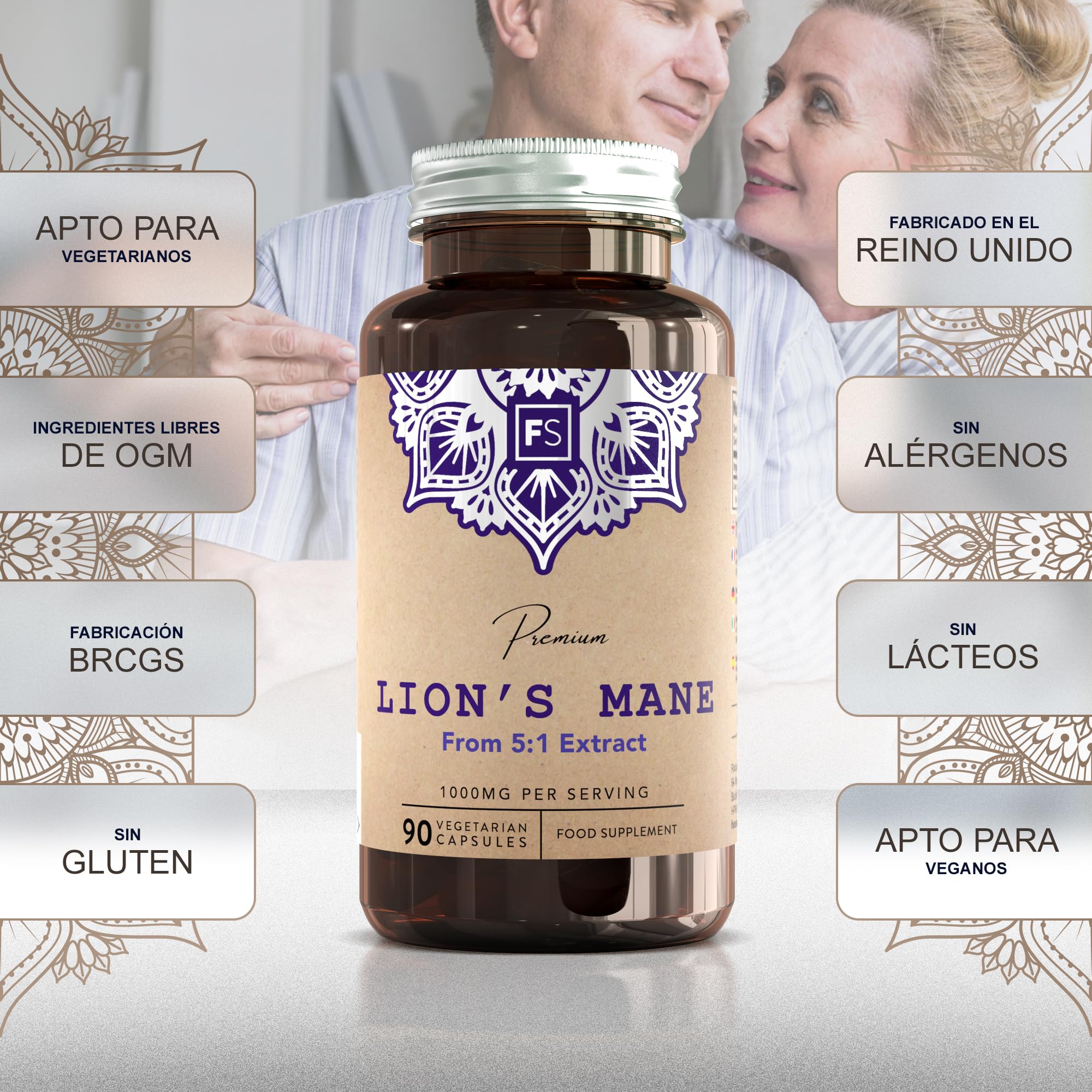 FS Melena de Leon | 180 Lions Mane Capsules | Melena de León Capsulas | 1000mg de Hongos Lion's Mane de Alta Potencia por Porción | Sin OGM, Gluten, Lácteos y Alérgenos | Fabricado en el RU